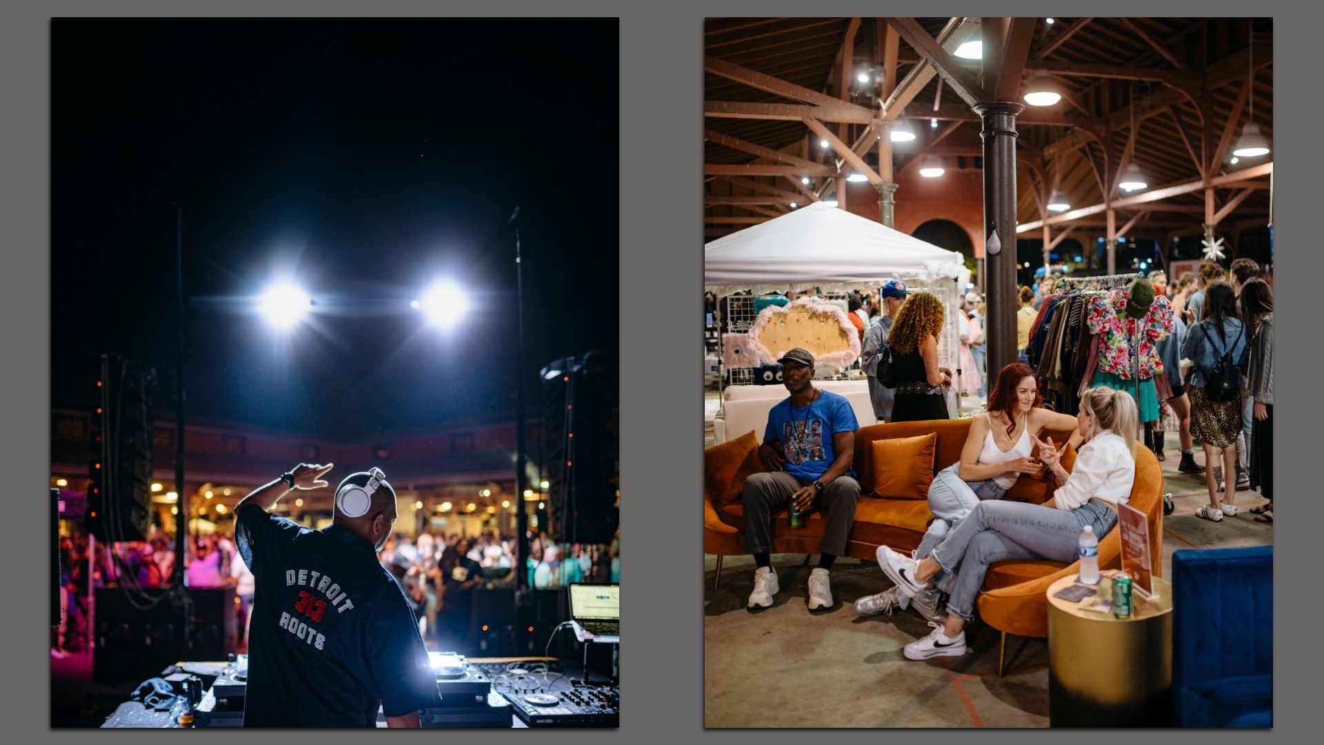 Two photos. The left features a DJ entertaining a crowd. The right shows a marketplace atmosphere with vendors
