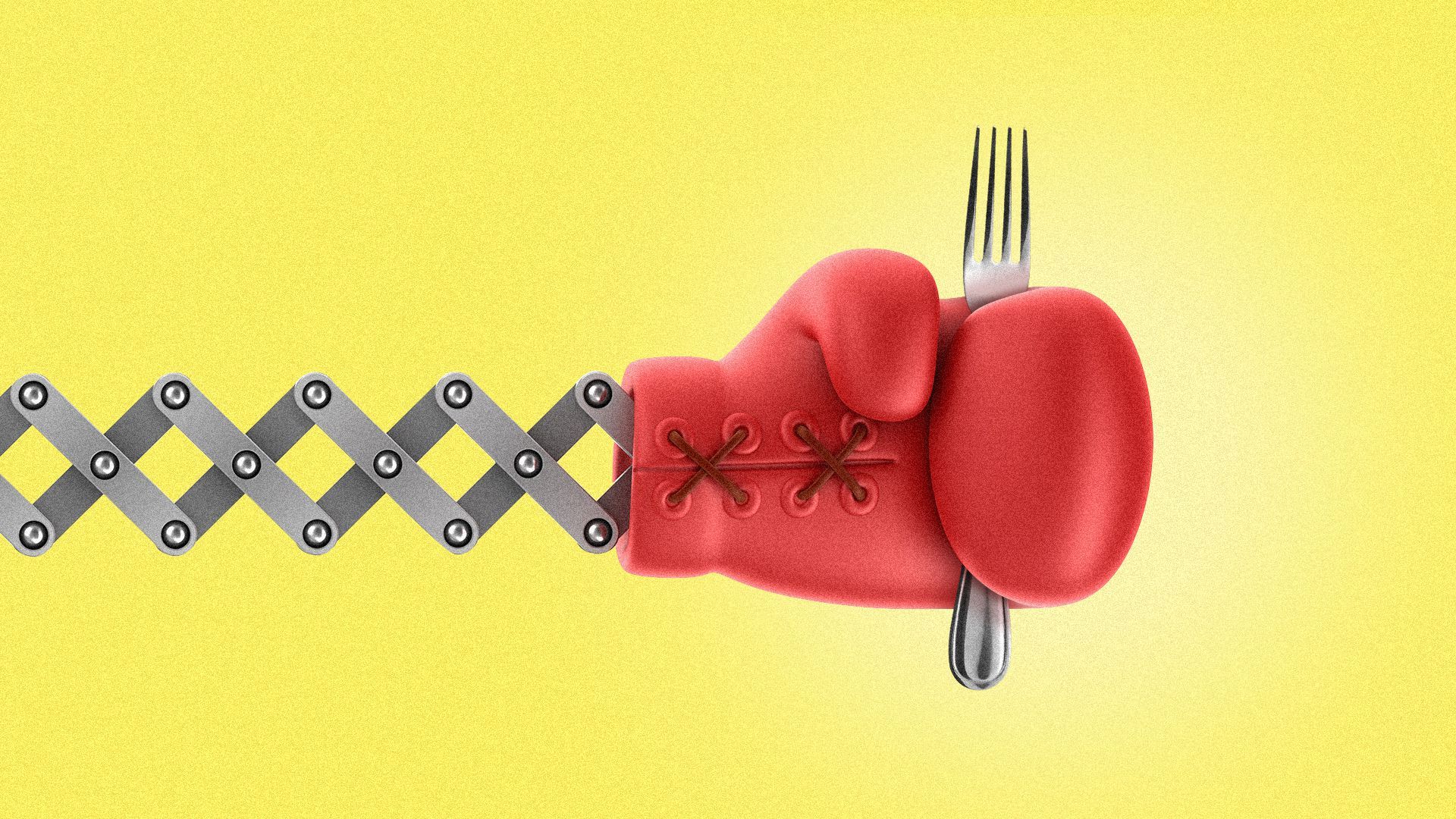 Illustration of an extended metal arm with boxing glove grasping a fork