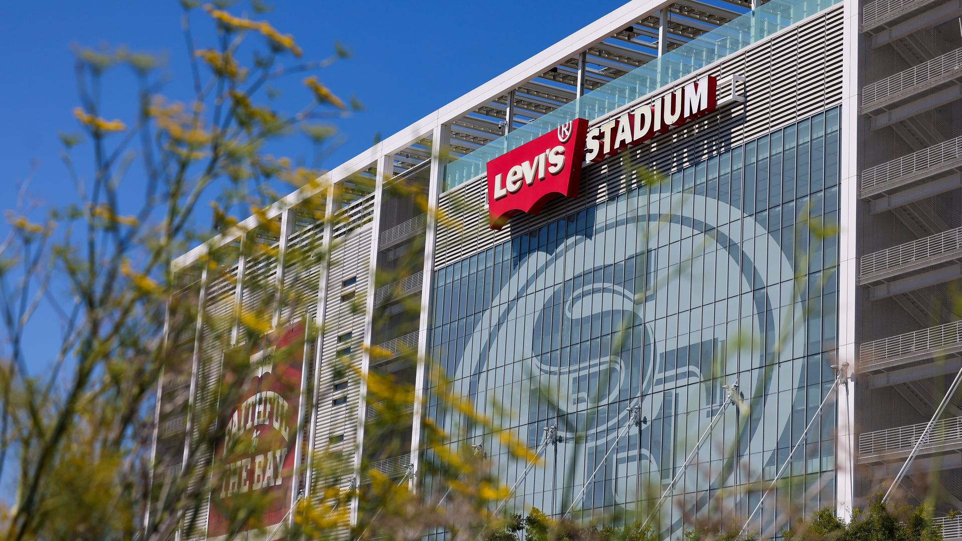 Levi's Stadium exterior with large glass windows displaying the San Francisco 49ers logo, yellow flowers in the foreground, and clear blue sky.