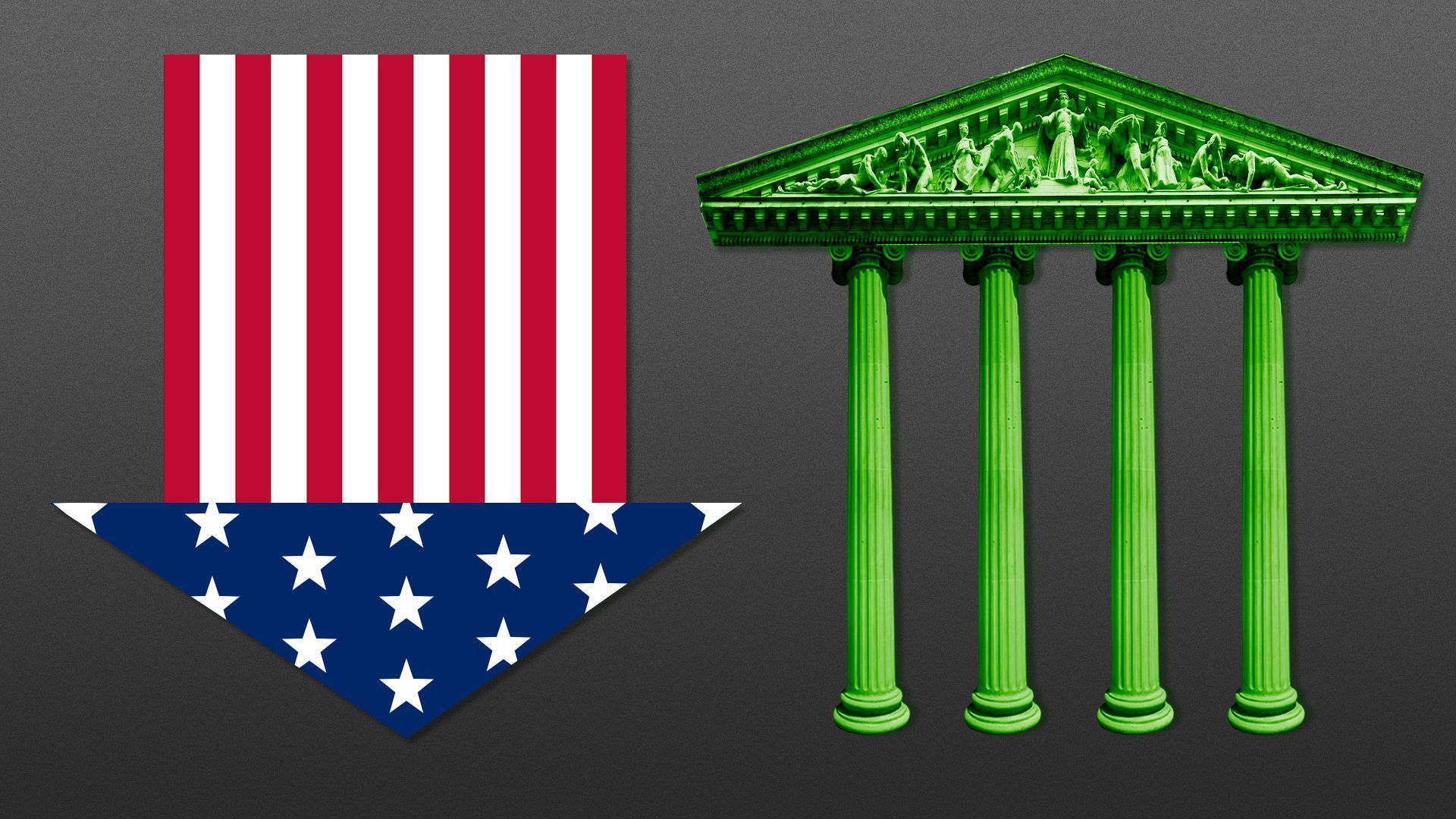 Illustration of an American flag arrow pointing down and a New York Stock Exchange arrow pointing up.