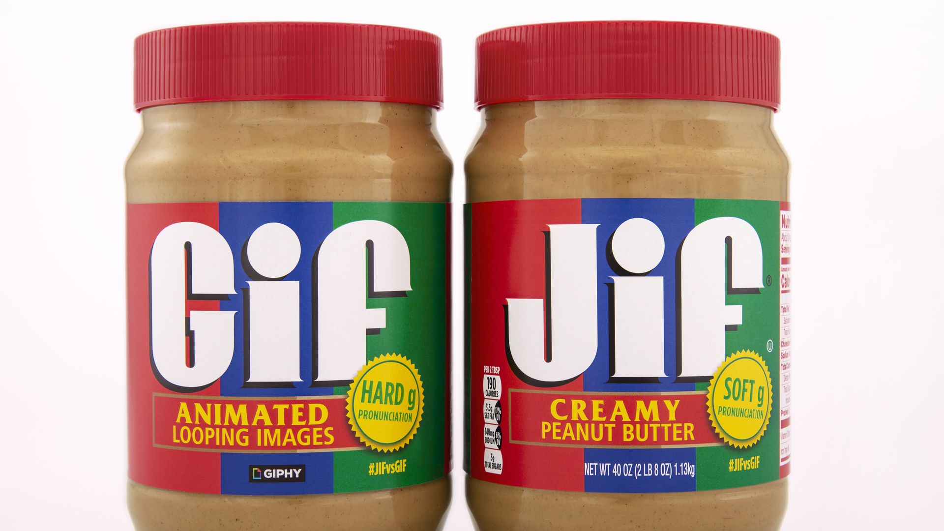 Two jars of peanut butter, one labeled Gif and the other Gif