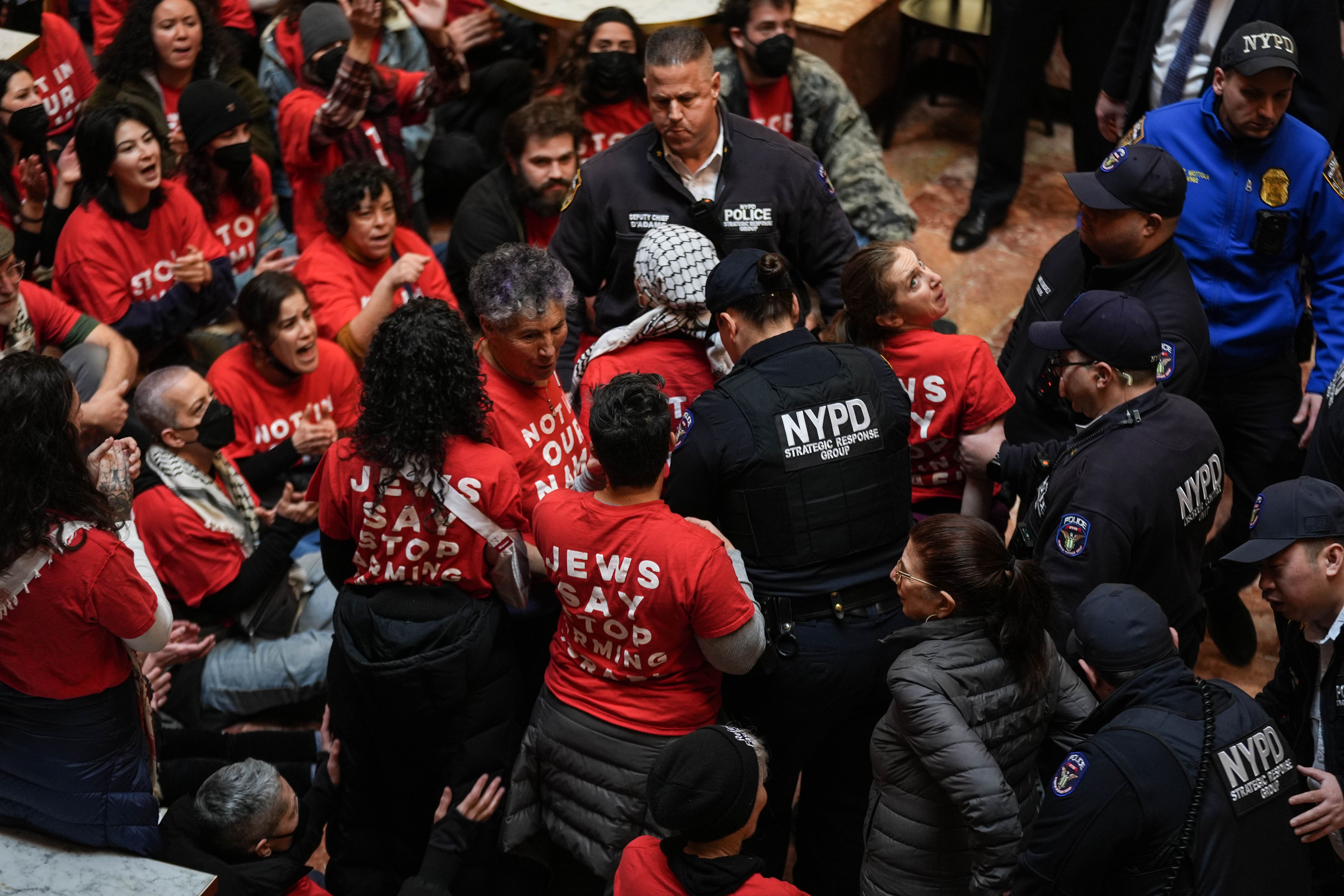 NEW YORK, US - MARCH 13: Hundreds of activists with a Jewish peace group staged a sit-in at US President Donald Trump's signature headquarters in New York demanding the immediate release of Palestinian activist Mahmoud Khalil, in United States on March 13, 2025.