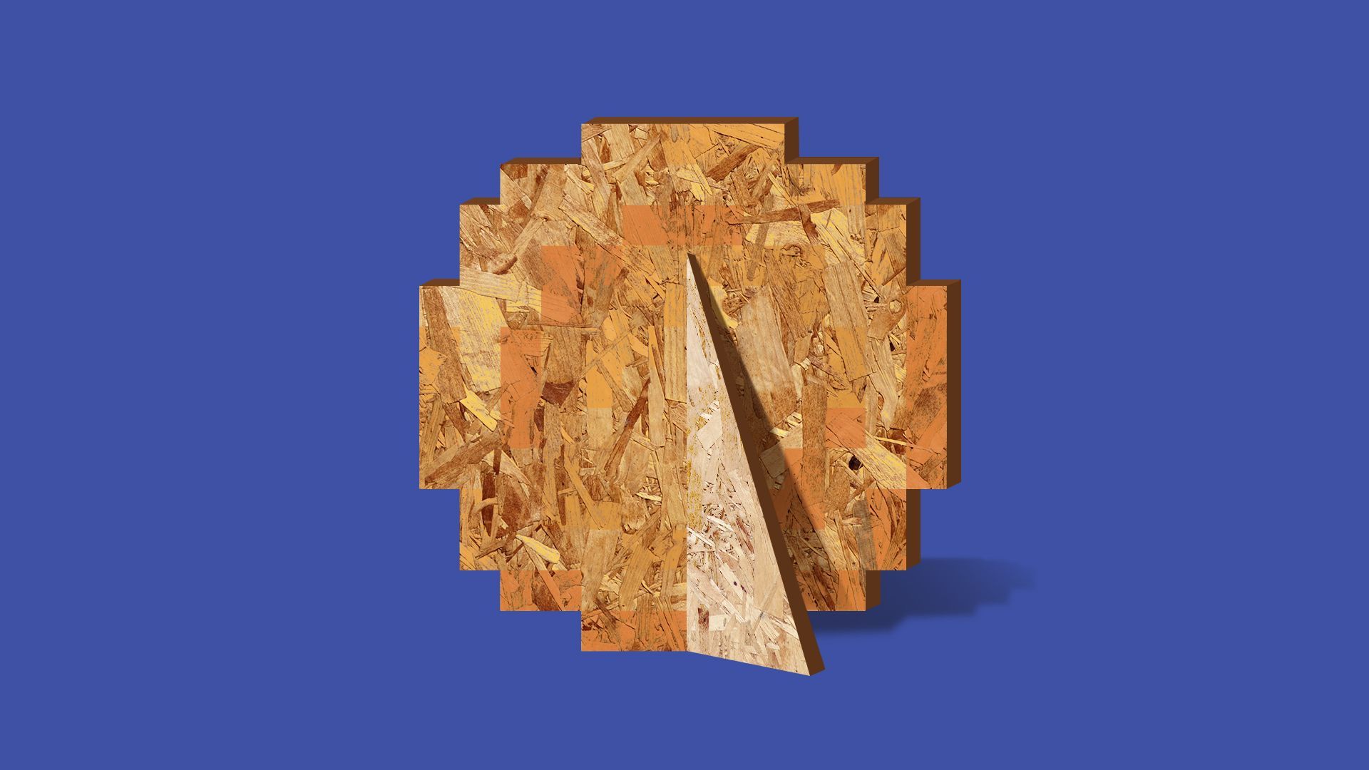 Illustration of a propped up plywood sign in the shape of a digitized coin  