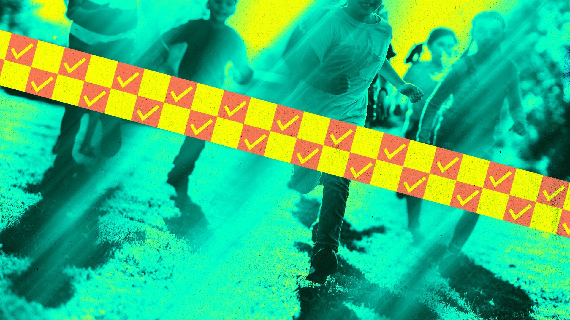 Photo illustration of children running towards a checkered banner with a checkmarks within them.
