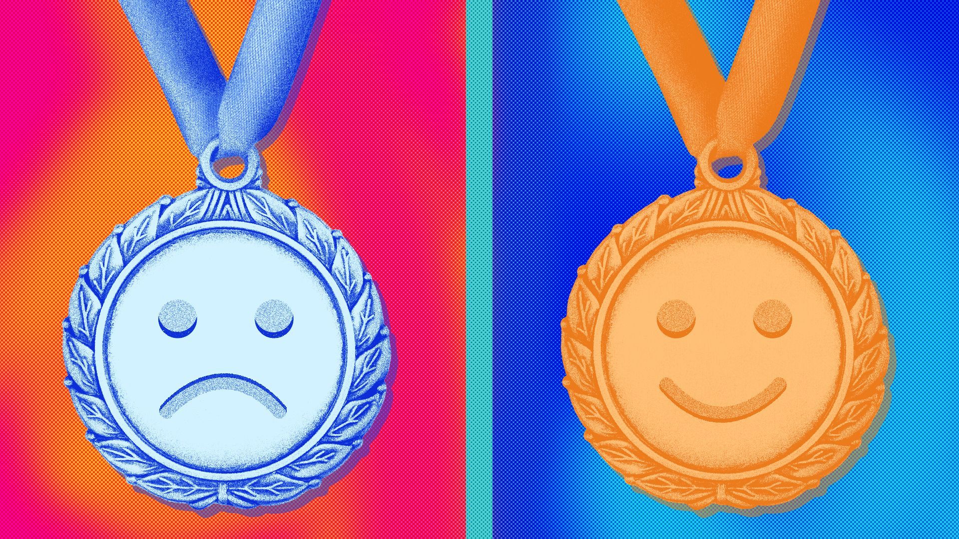 Illustration of a silver medal with a frowny face and a bronze medal with a smiley face.
