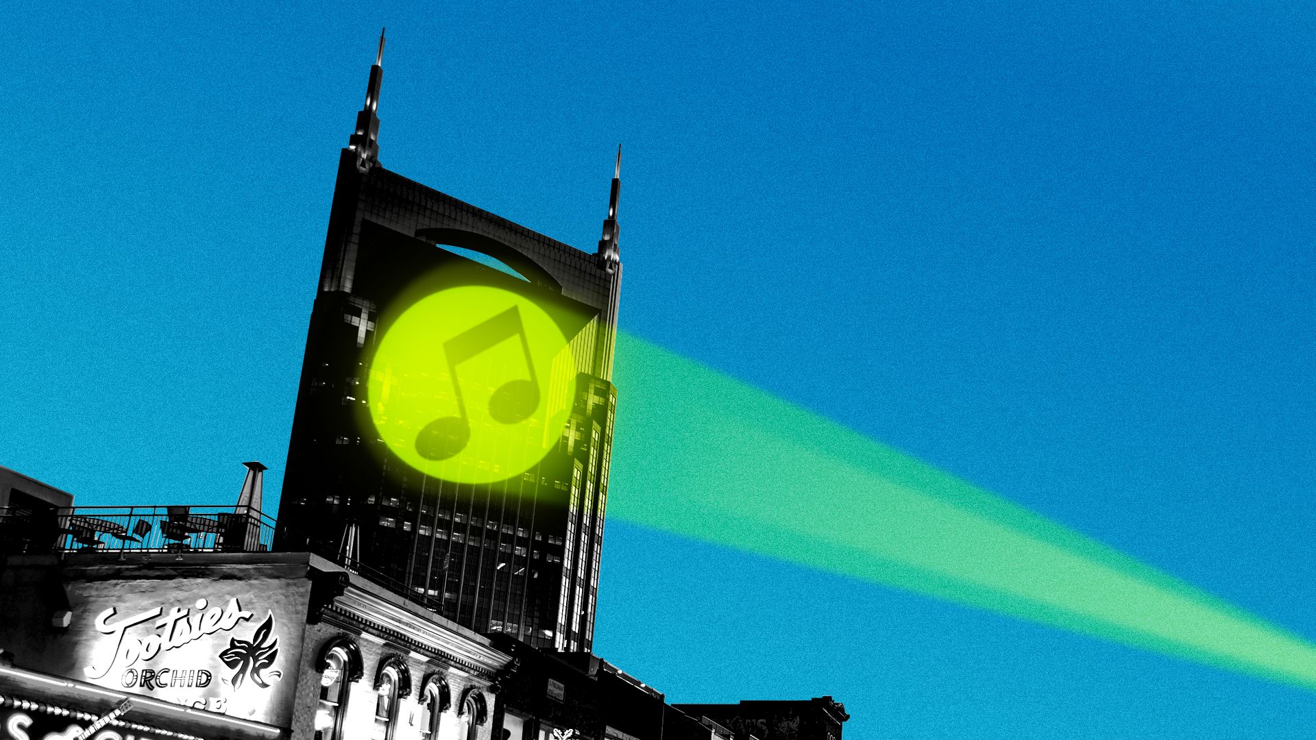 Illustration of the "Batman building" in Nashville with a bat-signal, with a note instead of a bat, shining on it.