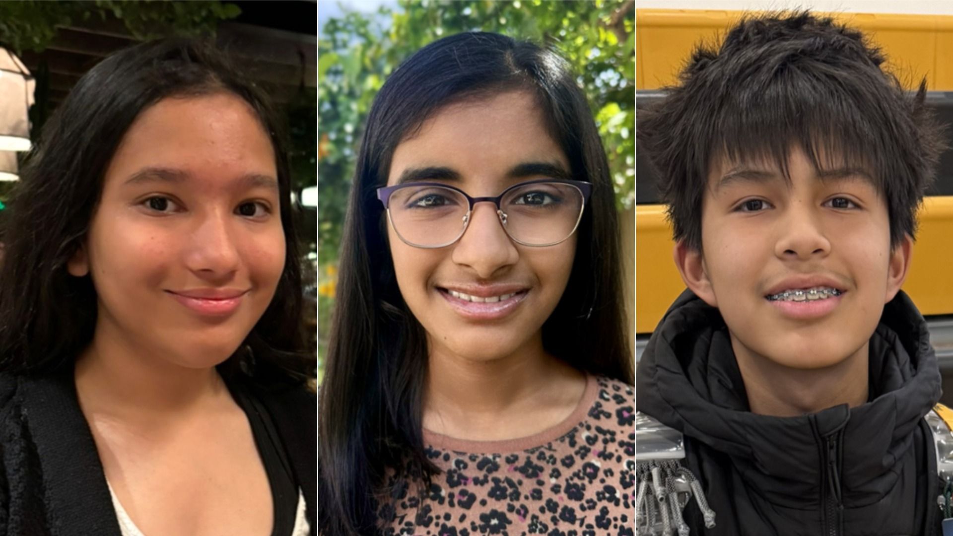 Triptych of three smiling people: left a girl with dark hair in a black jacket; center a girl with glasses outdoors in a leopard-print top; right a boy with braces and spiky hair near a yellow bus.