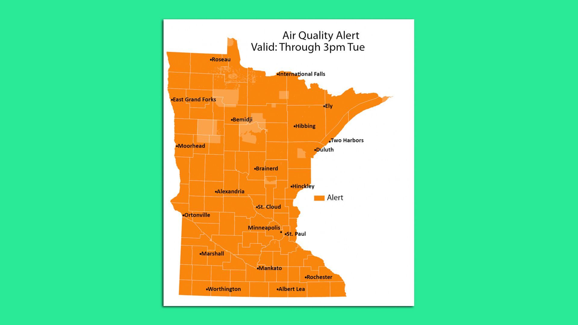 An air quality alert mapped across Minnesota.