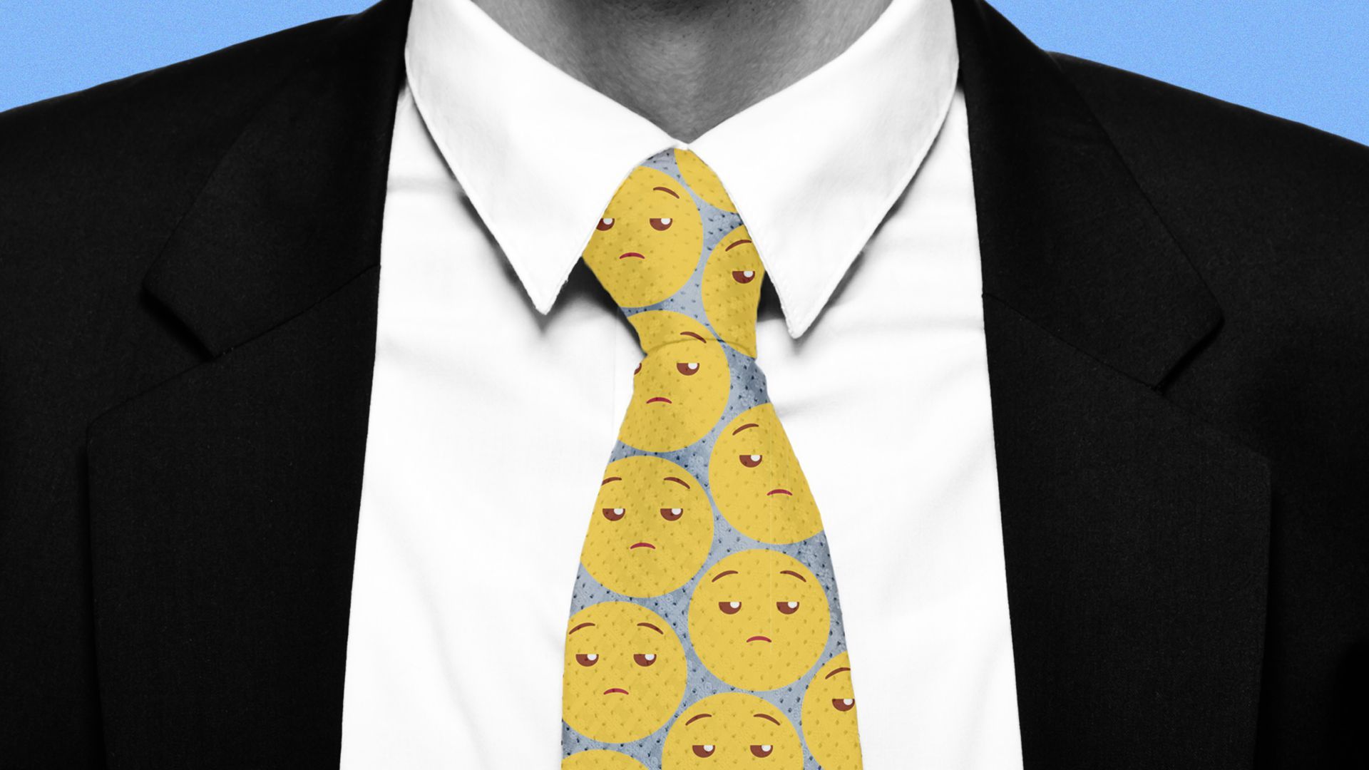 Illustration of a man wearing a tie with a pattern of “meh” emoji faces.