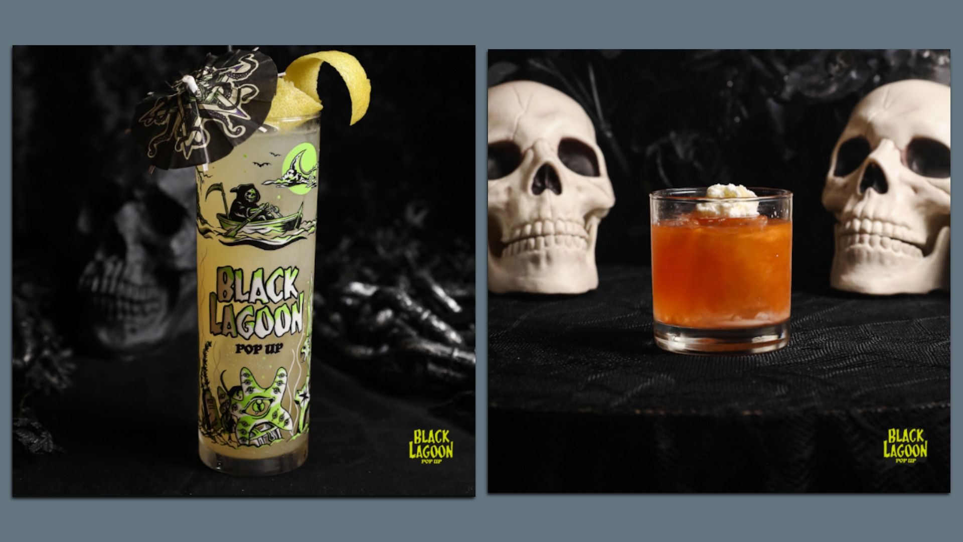 Two-panel Halloween drinks: left a tall glass labeled "Black Lagoon" with a lemon twist and a black umbrella; right an orange cocktail in a glass, flanked by skulls on a black cloth.