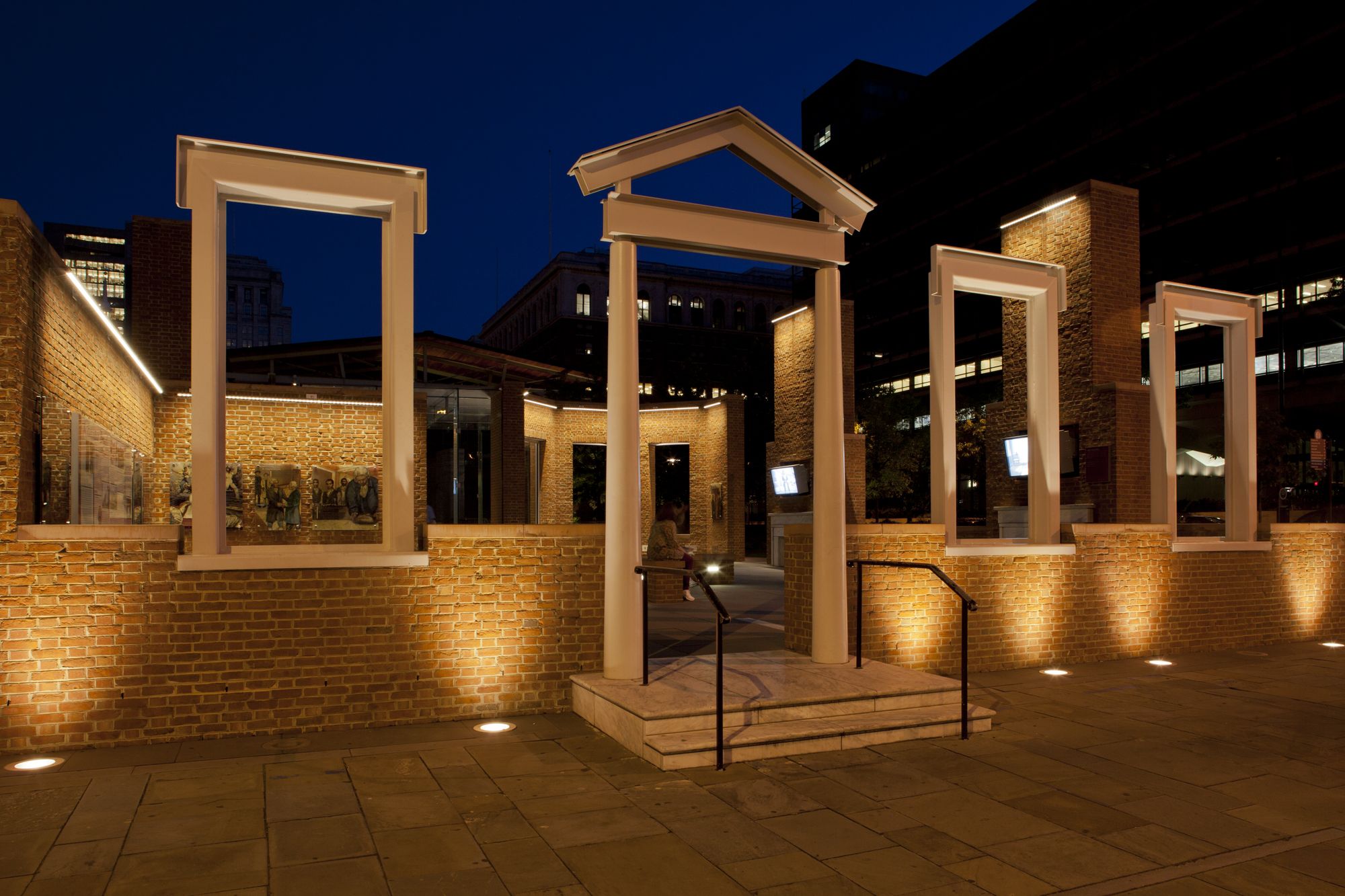 Night view of the President's House Site exhibit at the Independence National Historical Park. 