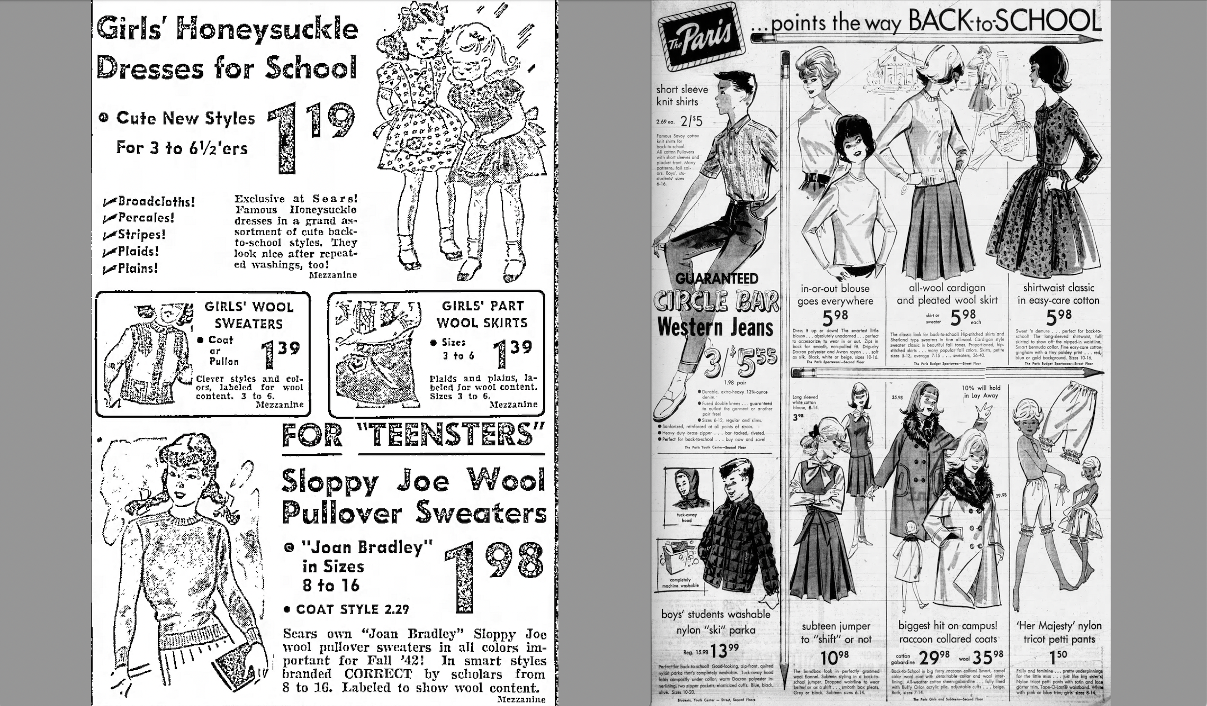 Newspaper ads feature back-to-school clothes for children and teens in 1942 and 1962