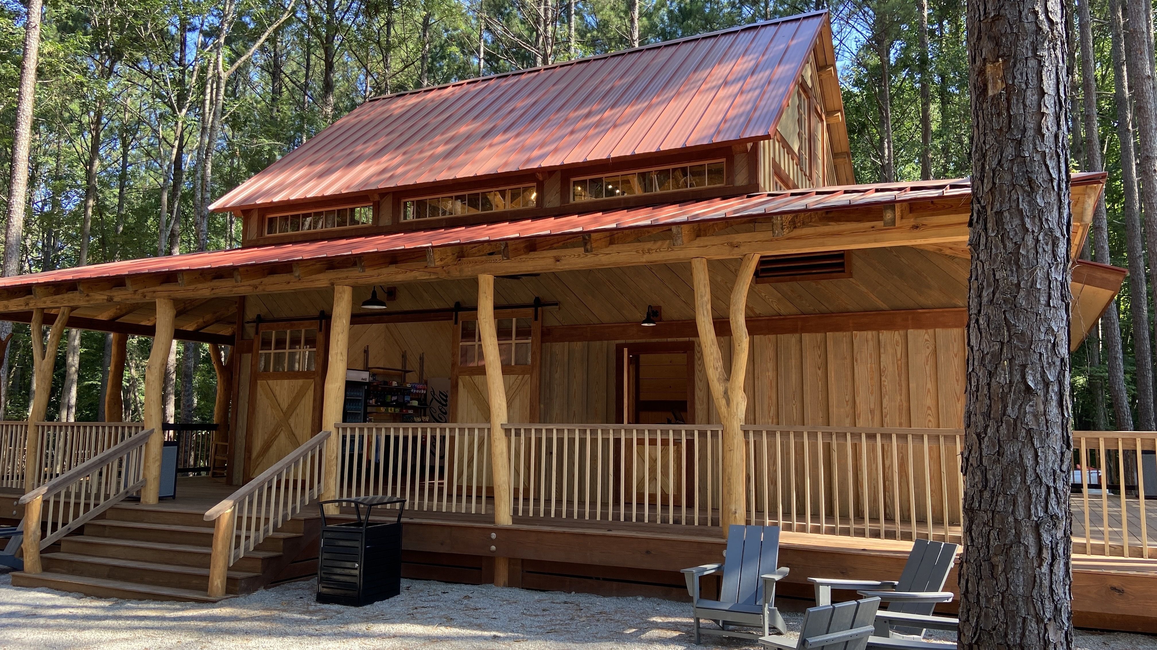 The cabin, with outside seating and restrooms. 