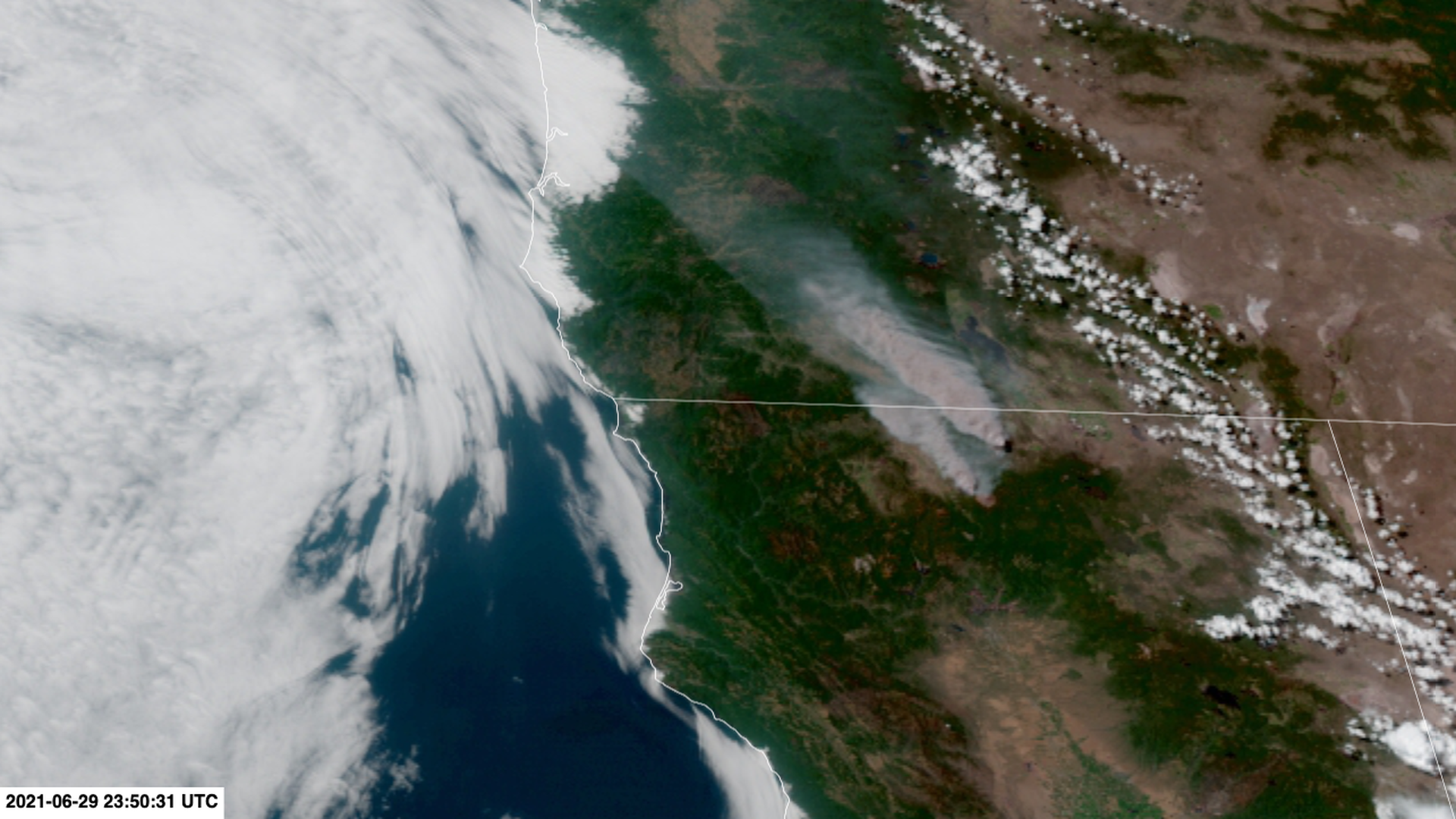 Satellite photo of smoke blowing across Northern California
