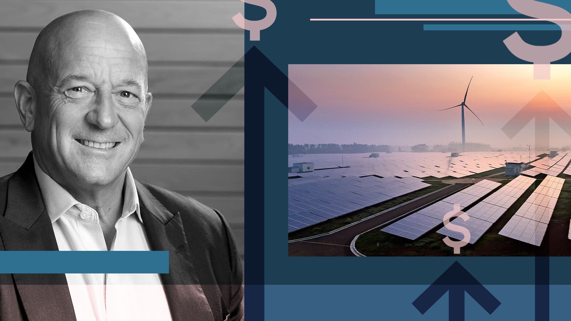 Photo illustration of Lance Uggla, CEO of BeyondNetZero, with wind turbines and solar panels surrounded by abstract shapes.