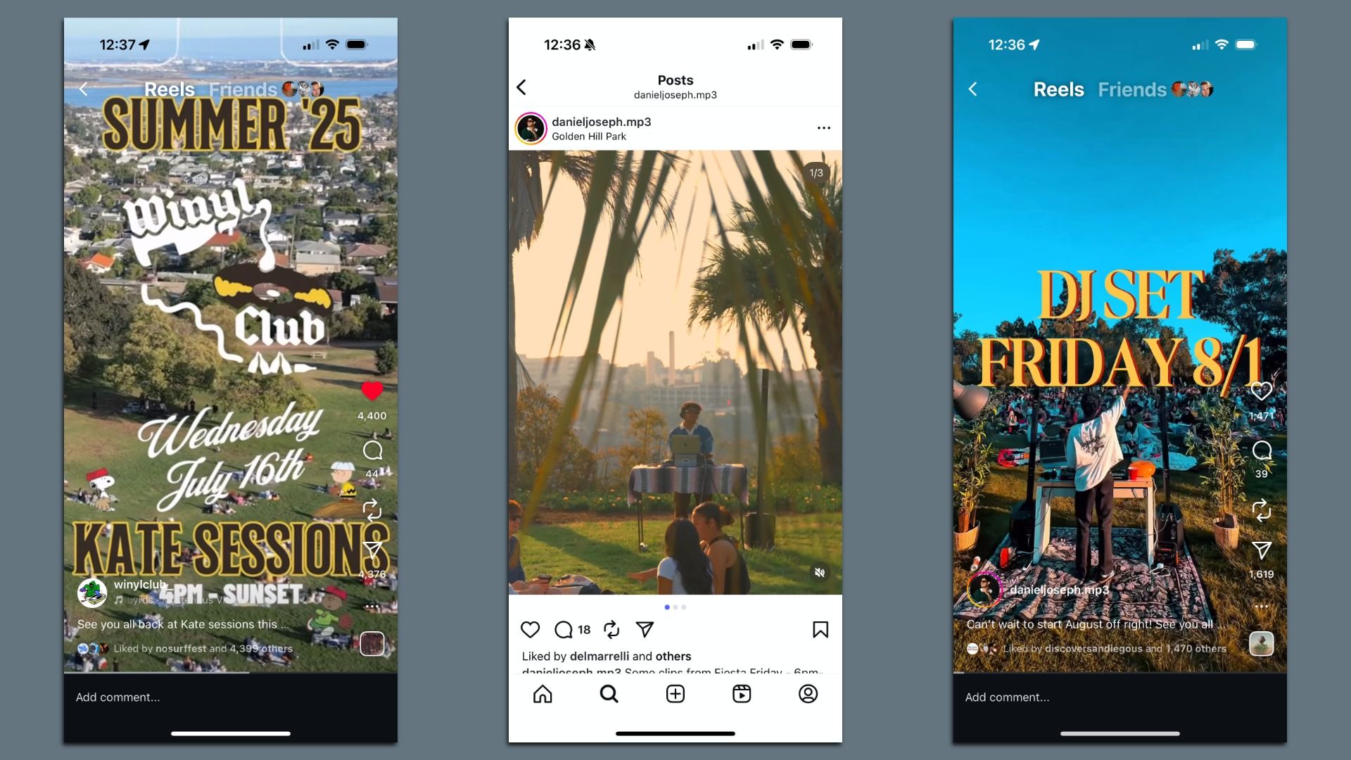 Three screen shots of social media pages promoting local DJ sets