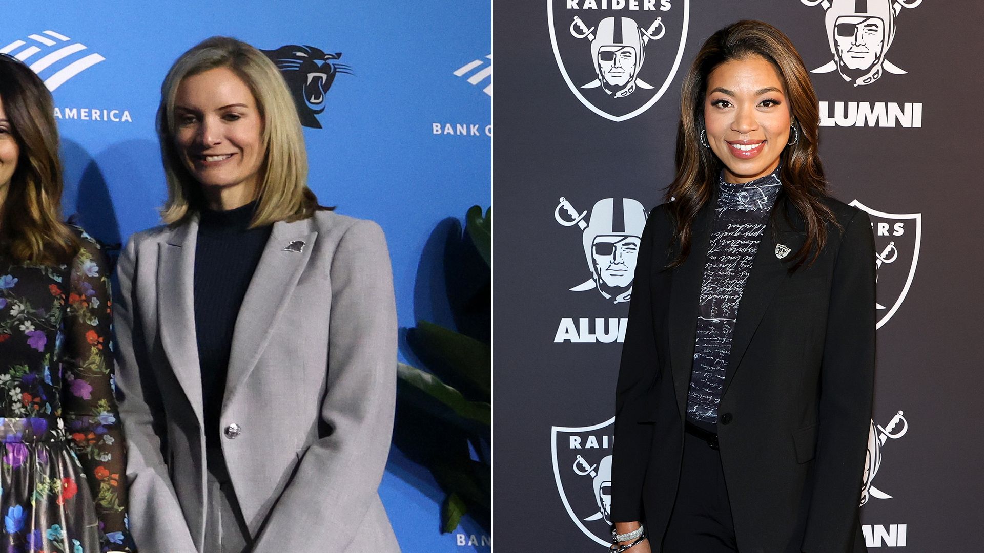 Adjoined photos show Carolina Panthers president Kristi Coleman (left) and Las Vegas Raiders president Sandra Douglass Morgan.