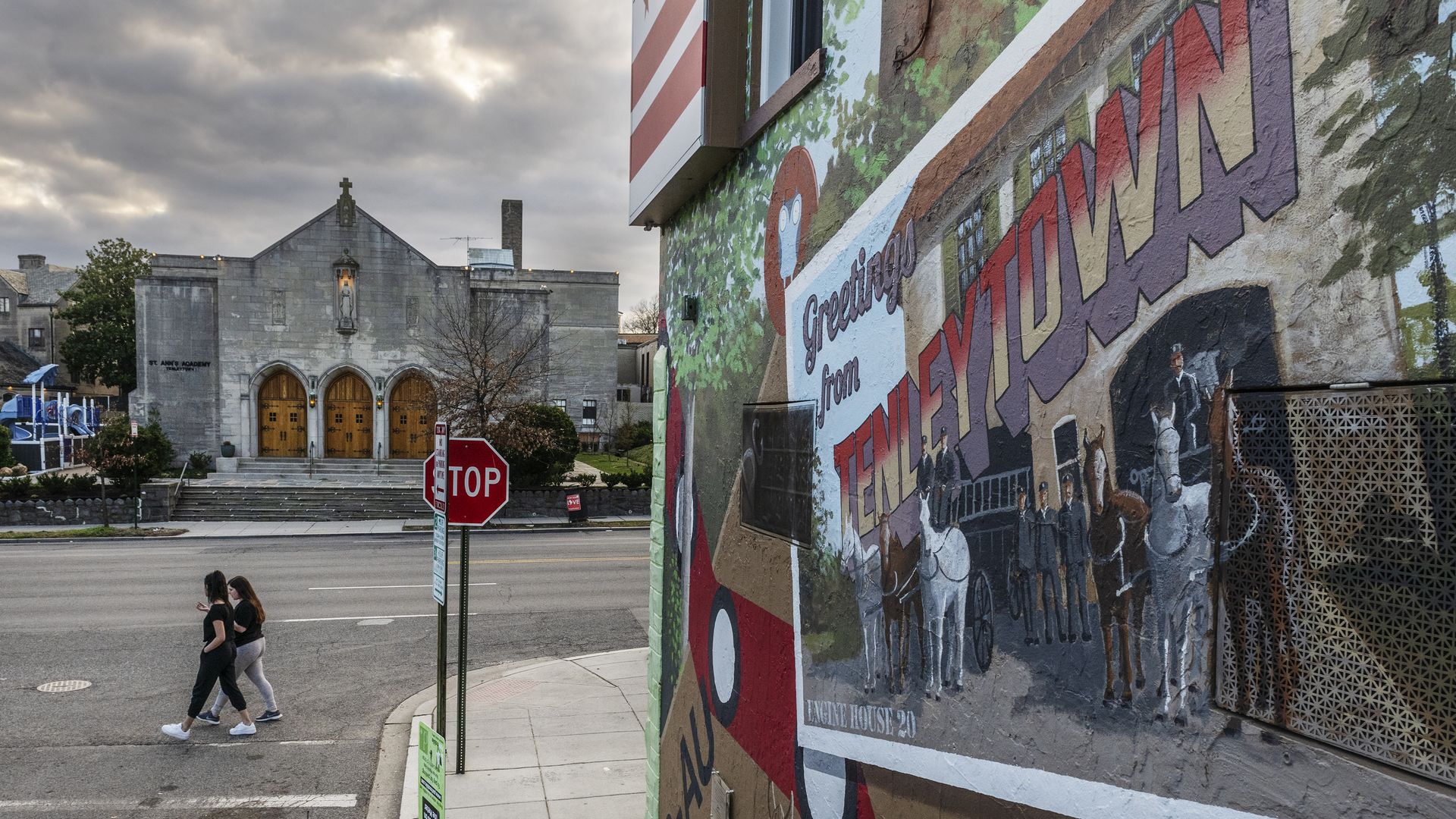 A wall mural of Tenleytown in the foreground