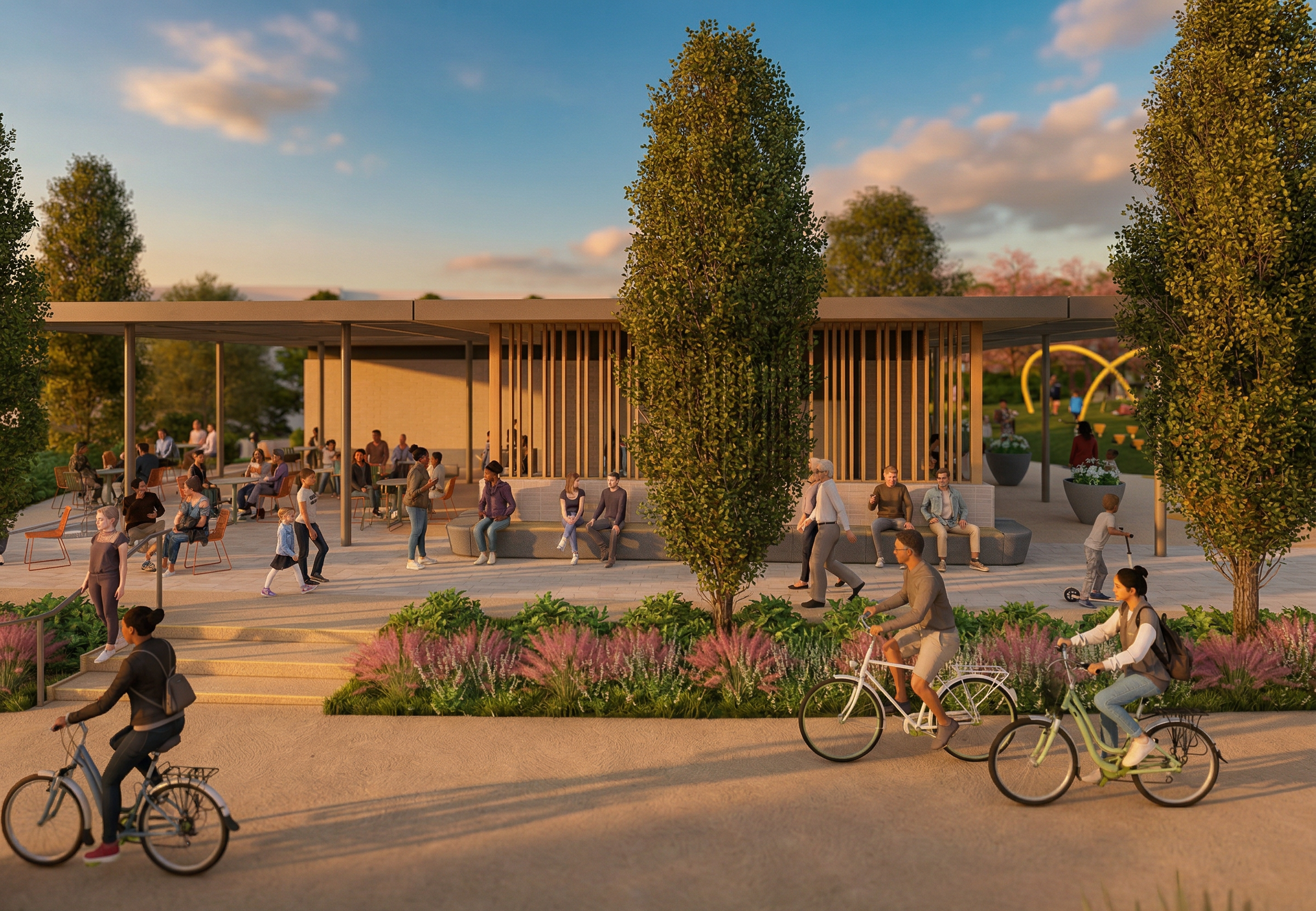 Sunset at a modern park cafe: an open-air seating area under a flat roof with vertical wood slats, tall trees, and many people dining or walking. Bicycles pass by, pink flowers in the foreground.