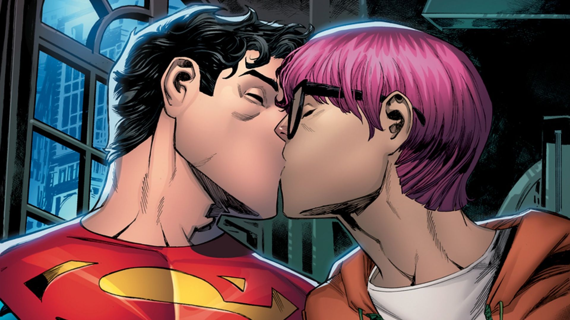 Jonathan Kent, the new Superman, who is the son of Clark Kent and Lois Lane, with his friend Jay.