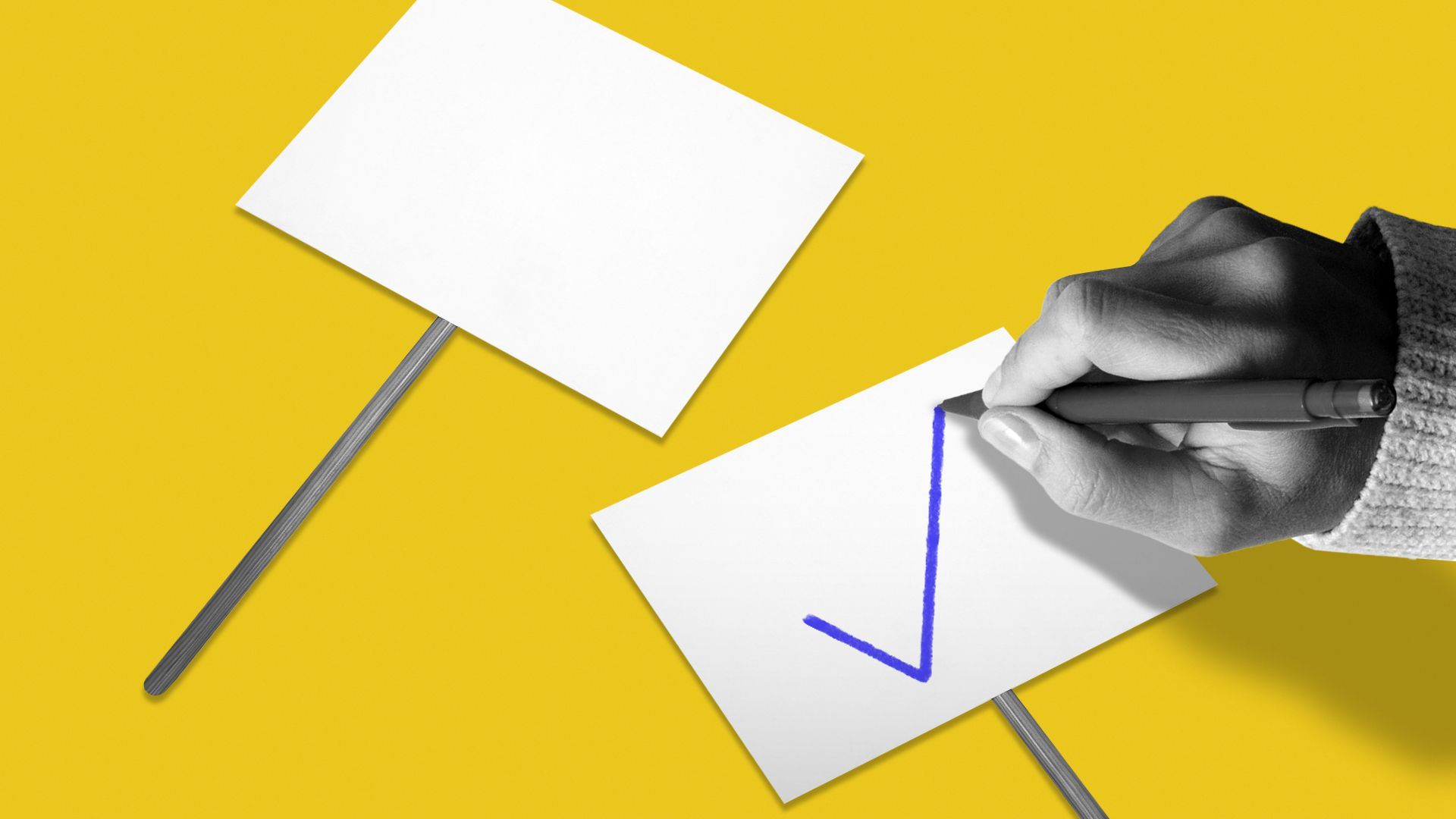Illustration of two protest signs laid down with a large hand marking one sign with a blue checkmark, resembling a ballot vote