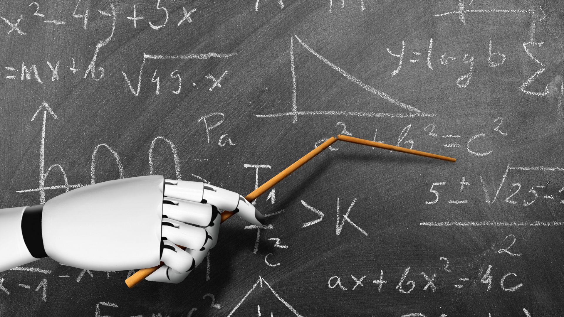Illustration of a robotic hand holding a broken wooden pointer at a blackboard full of equations