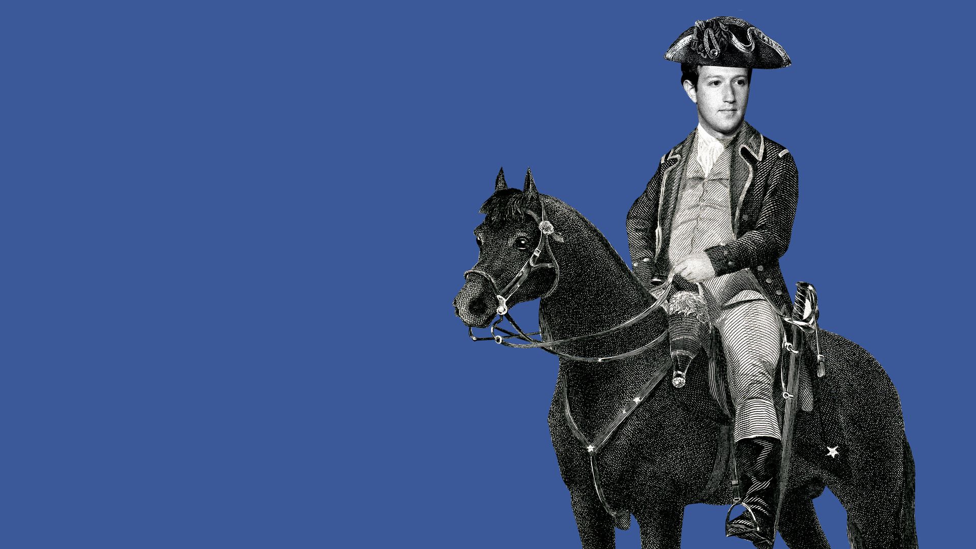 Illustration of Mark Zuckerberg on a horse with tricorn hat