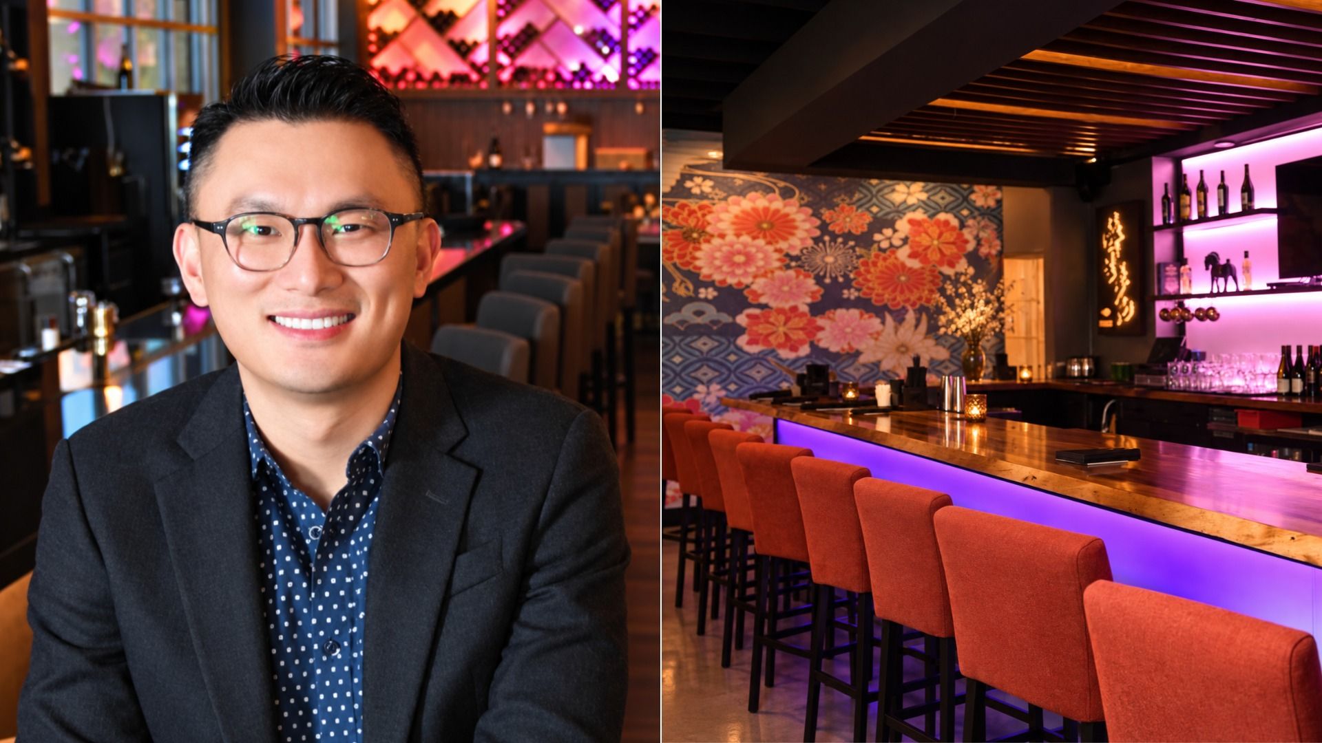 Split image: left shows a smiling man with glasses in a dark blazer at a bar; right shows a purple-lit bar with orange stools and a large floral mural.