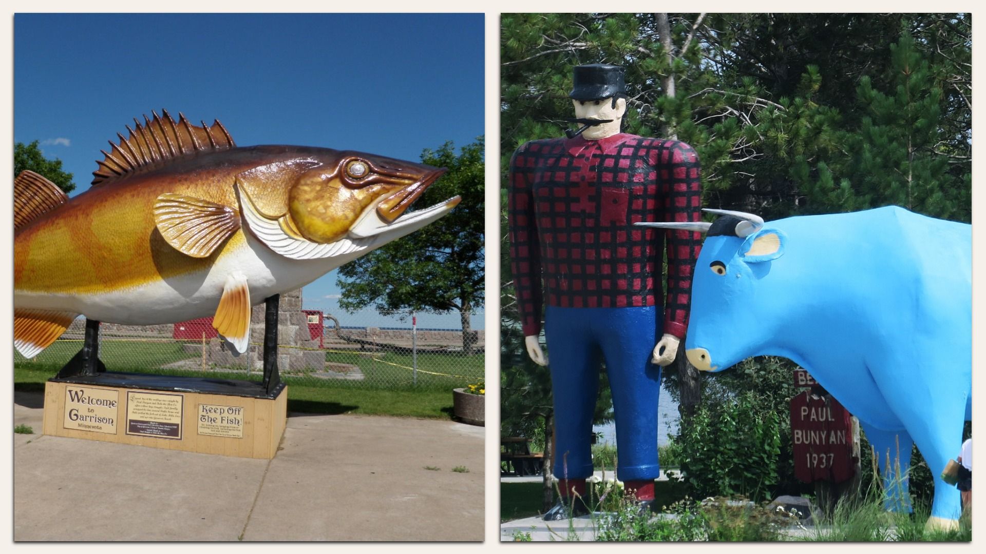 Two-panel outdoor display: left shows a large orange fish statue with spiky fins; right features a tall plaid-shirt figure smoking a pipe beside a bright blue animal statue, with trees behind.