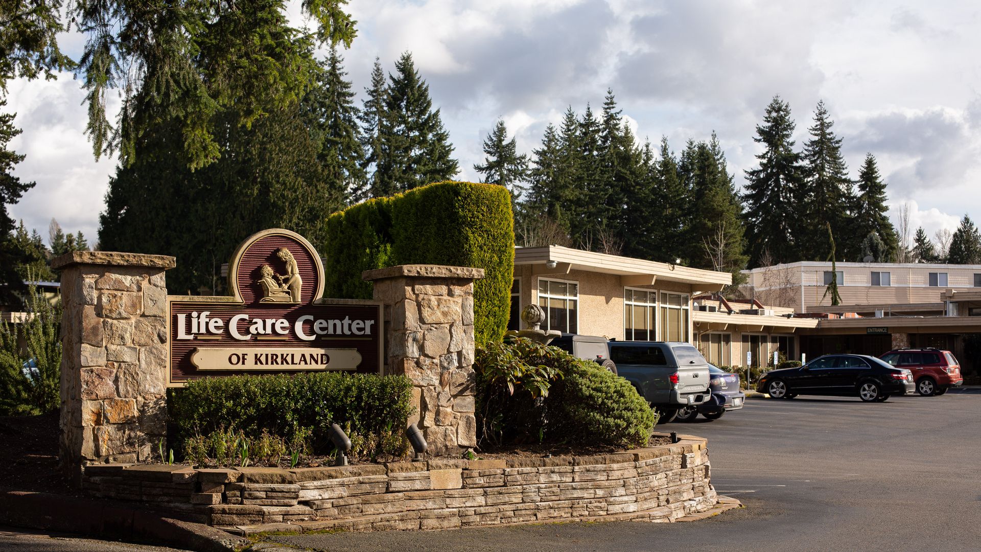 The brick sign outside the Life Care Center of Kirkland, a nursing home in Seattle that had many coronavirus patients.