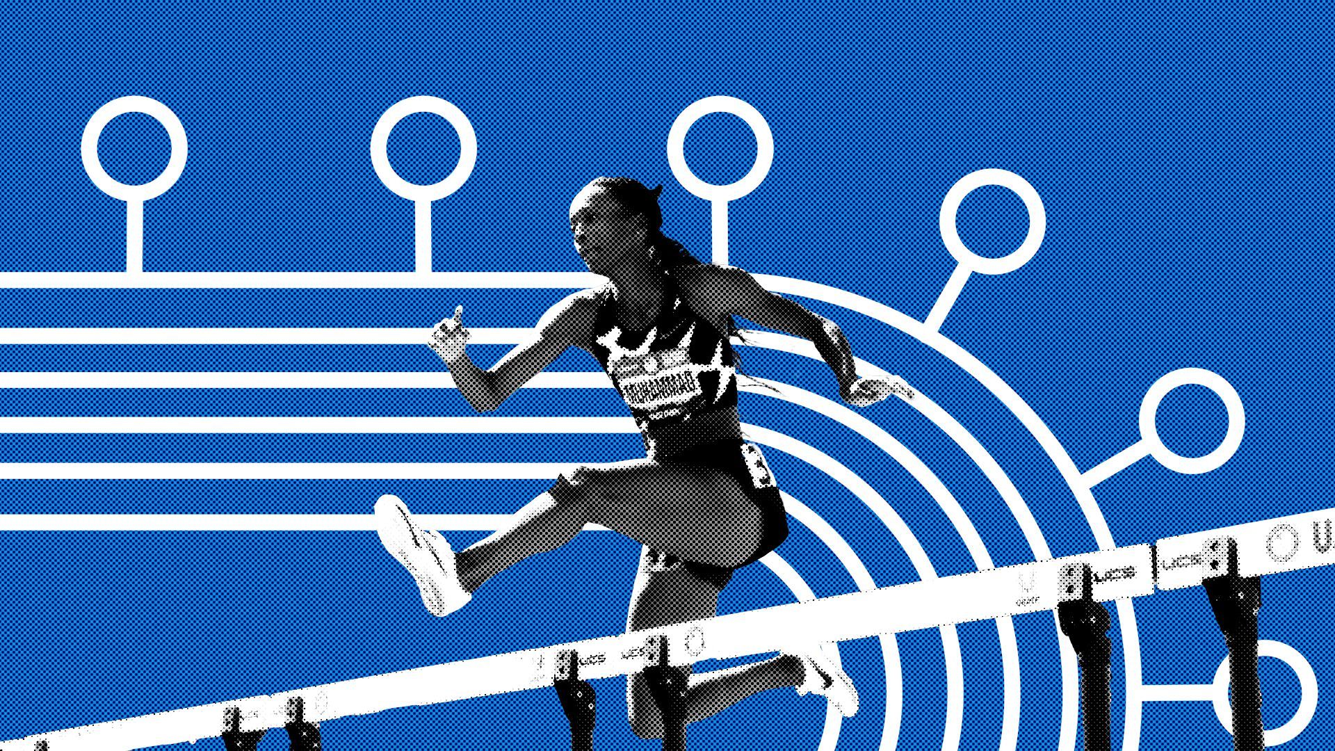 Photo illustration of an Olympic runner jumping a hurdle, over a graphic of a track oval with coronavirus-style protrusions.