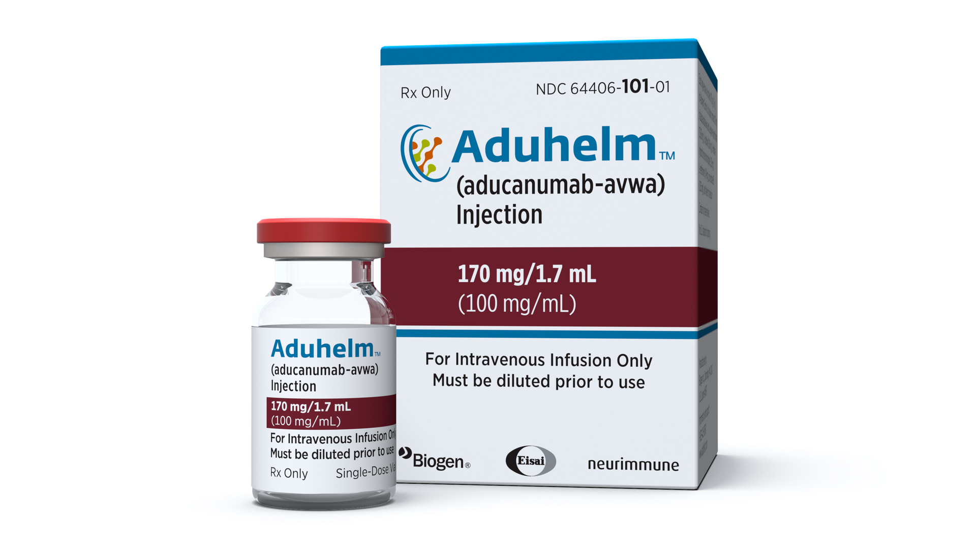 The white, maroon and blue box and vial of Aduhelm, a new Alzheimer's drug.