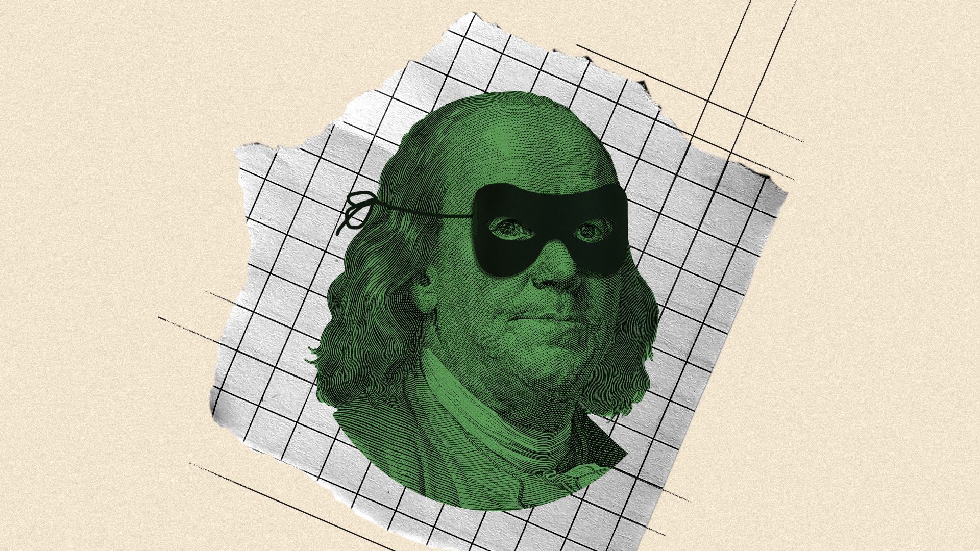 Illustration of Benjamin Franklin wearing a mask over his eyes.