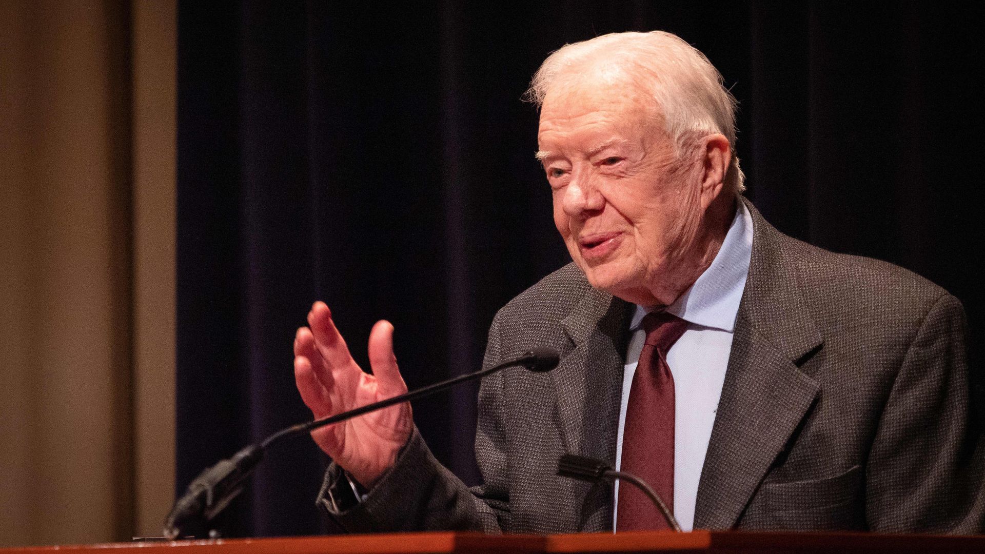 Former U.S. President Jimmy Carter speaks during the symposium commemorating the 40th anniversary of the normalization of US-China relations at the Carter Center on January 18