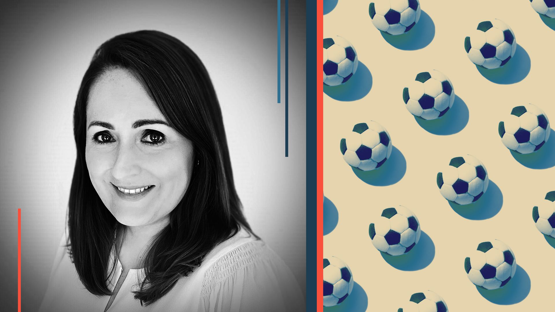 Photo illustration of Catherine Newman surrounded by abstract shapes and soccer balls. 