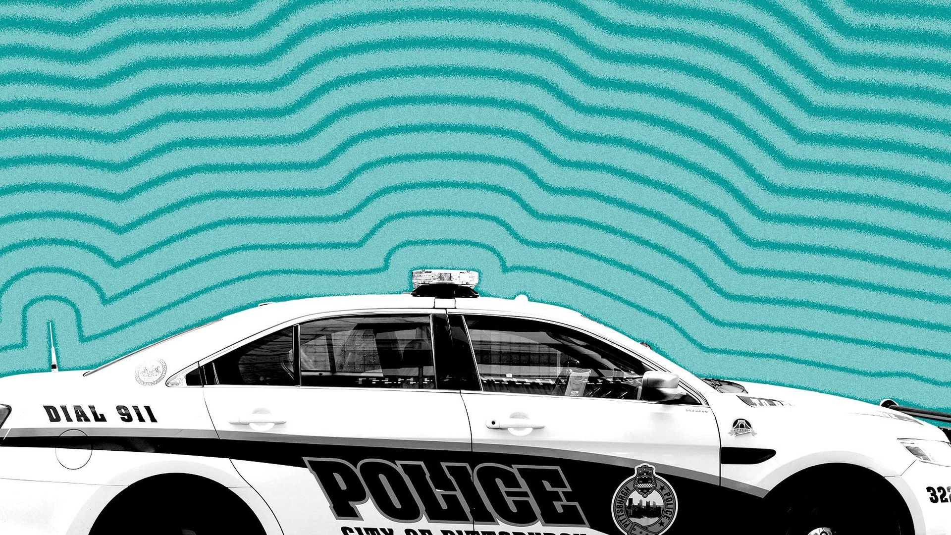 Photo illustration of a Pittsburgh police cruiser with lines emanating from it.