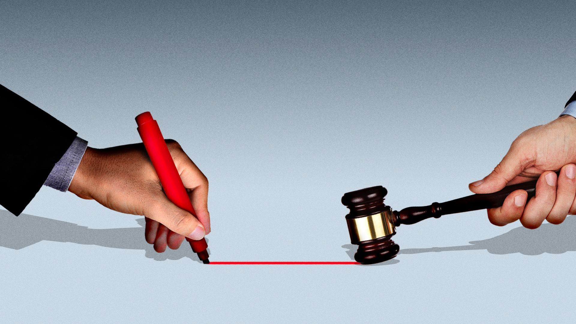 Illustration of a red marker line being stopped by a gavel. 