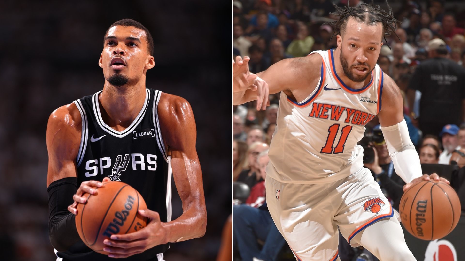 Split image of two players: left, Spurs guard in black jersey sweating and looking upward while holding a ball; right, Knicks guard in white jersey number 11, dribbling toward the camera amid a crowd.