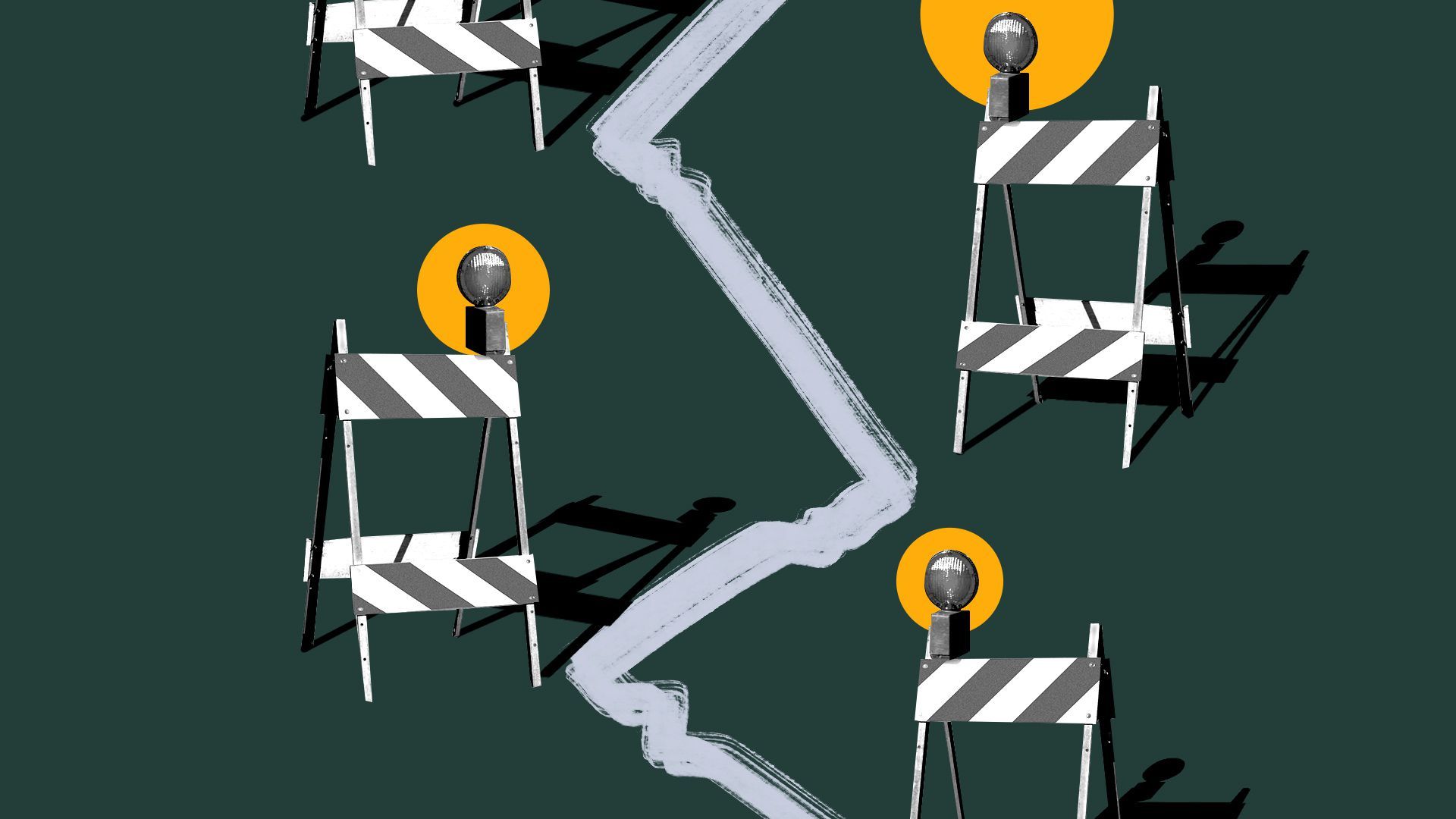 Illustration of a path ricocheting between traffic barriers. 