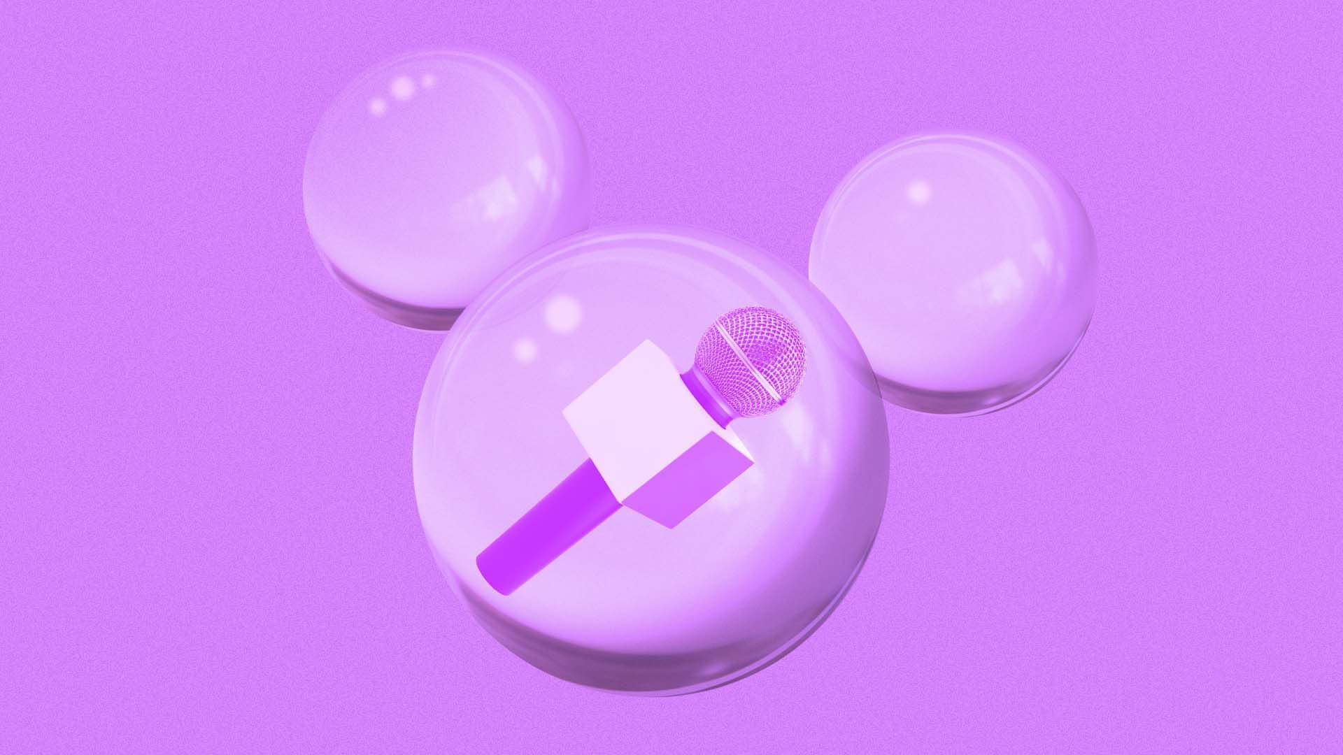 Illustration of a reporter's microphone inside a series of bubbles shaped like Mickey Mouse ears