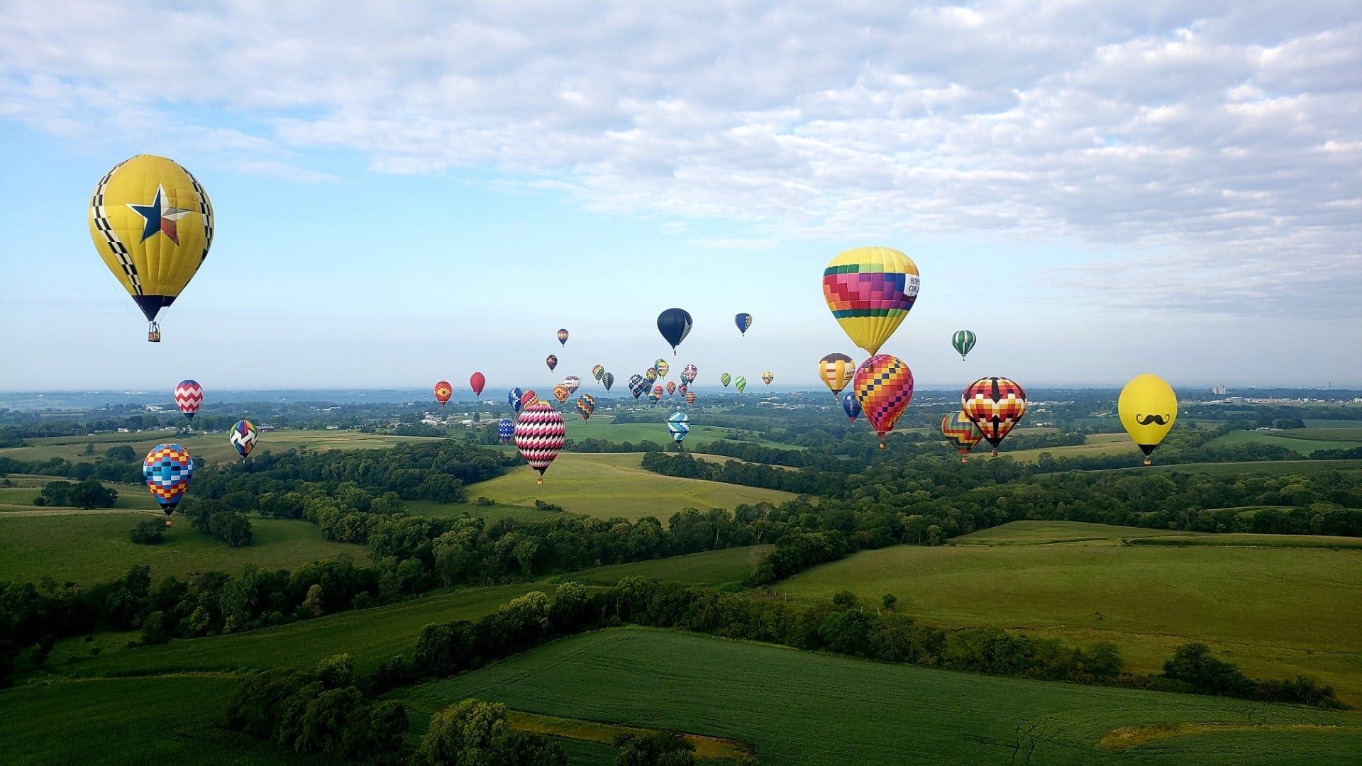 Hot air balloons in the sky at National Balloon Classic in Indianola, Iowa. 