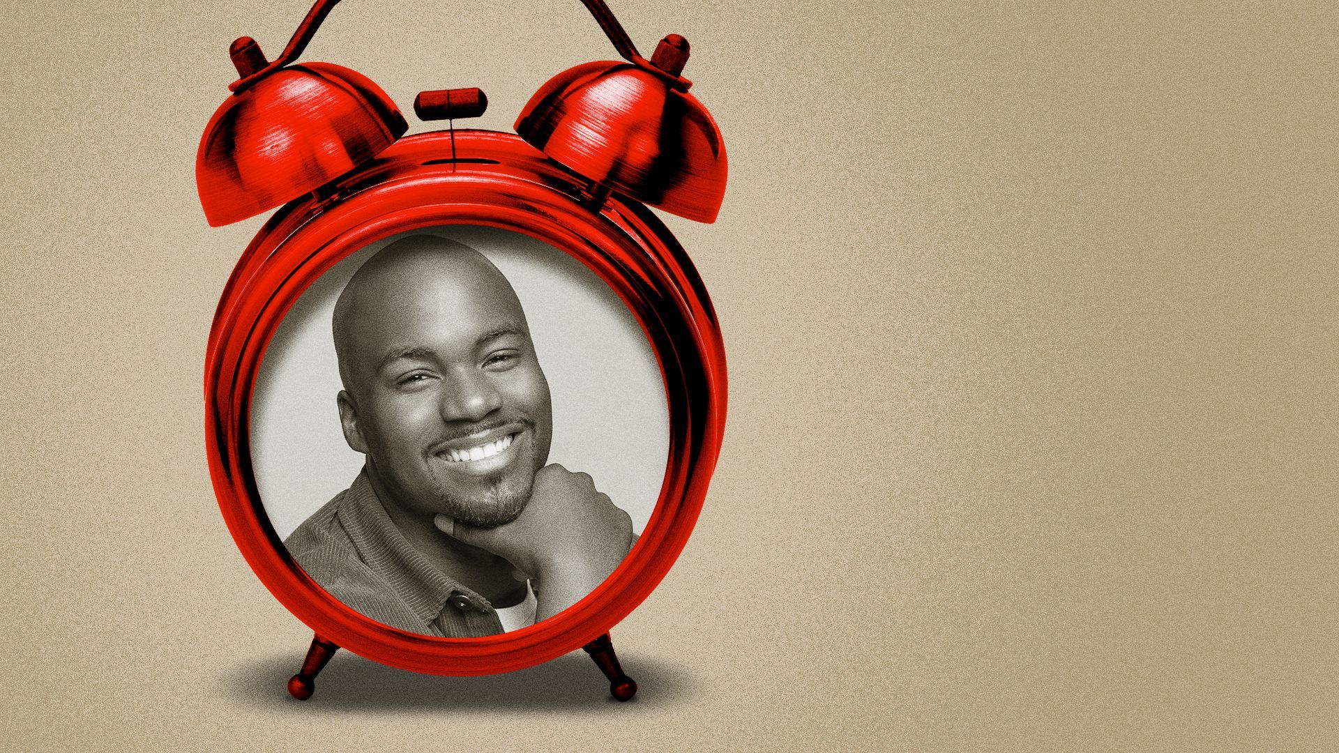 Photo illustration collage of Kareem Queeman inside a red alarm clock.