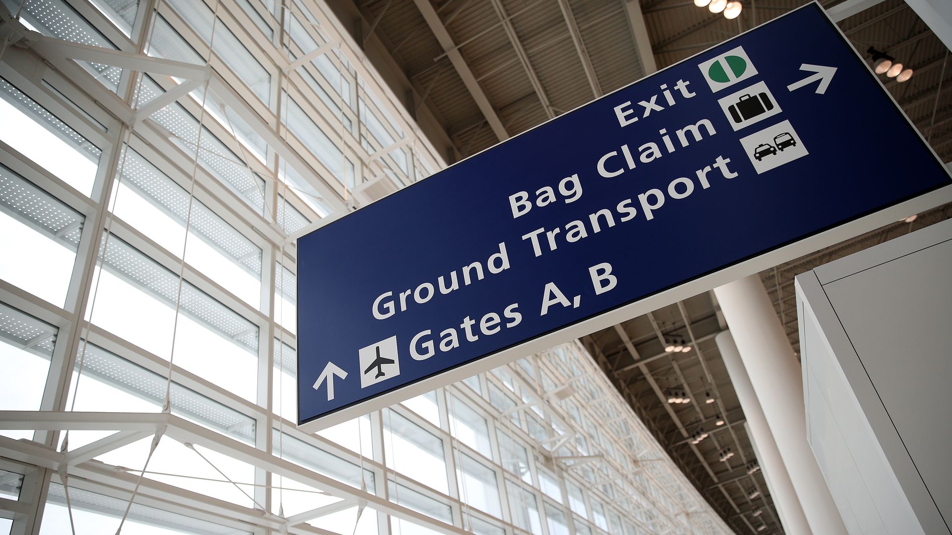 picture of sign at New Orleans airport that tells people where to find the Exit, Bag Claim, Ground Transport, and Gates A,B