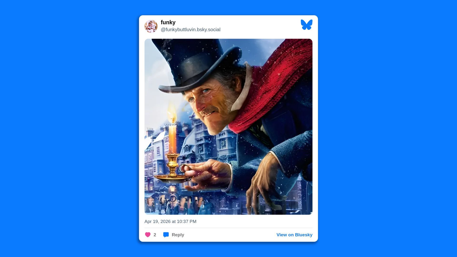 Close-up of a man in a dark top hat and red scarf, smiling while holding a lit candle in a brass candlestick; snowy city buildings appear in the background.