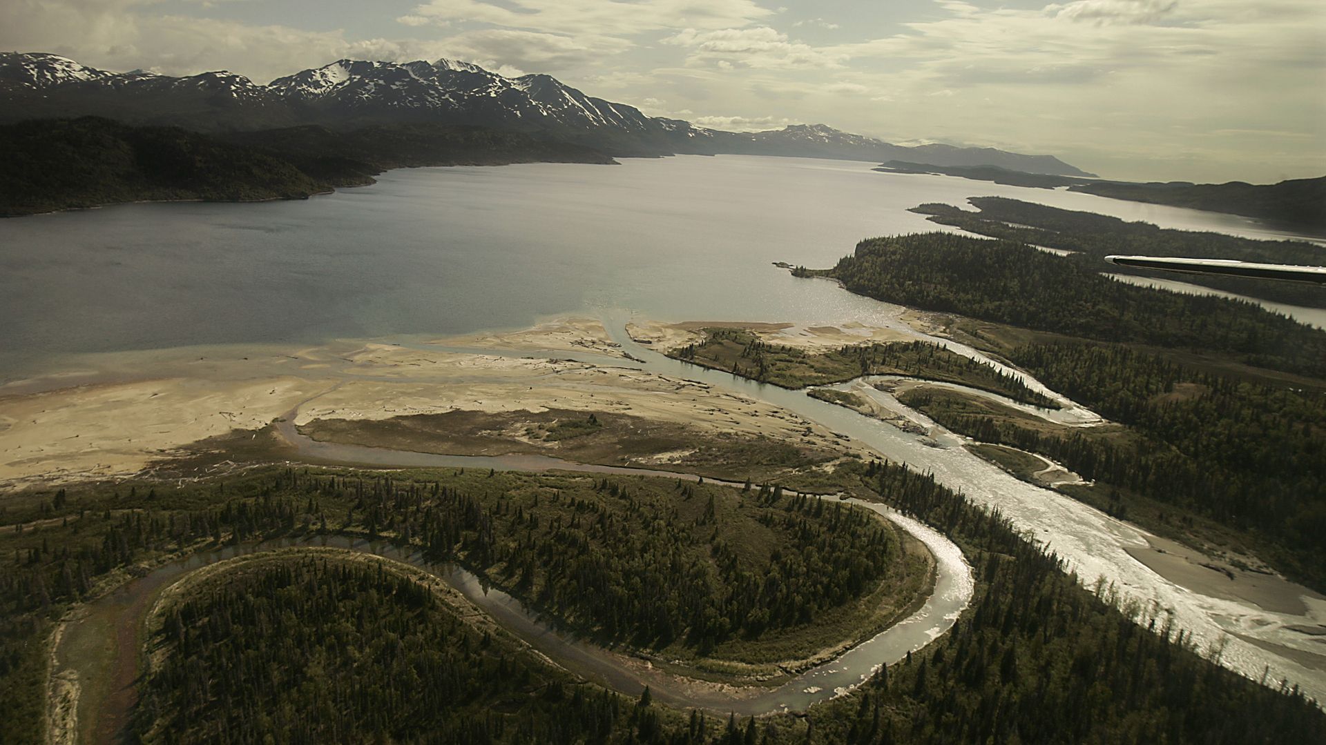 The Pile River flows into the northern end of Lake Iliamna, the largest lake in the state of Alaska, covering about 1,000 square miles. 