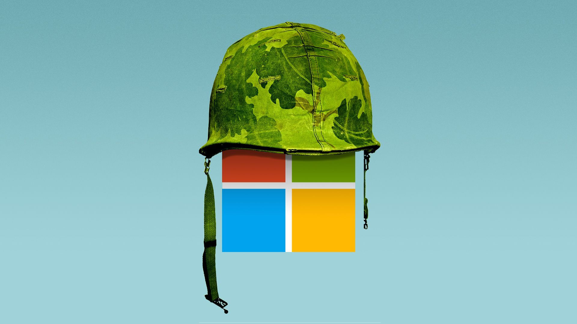Illustration of the Microsoft logo wearing a soldier's helmet.   