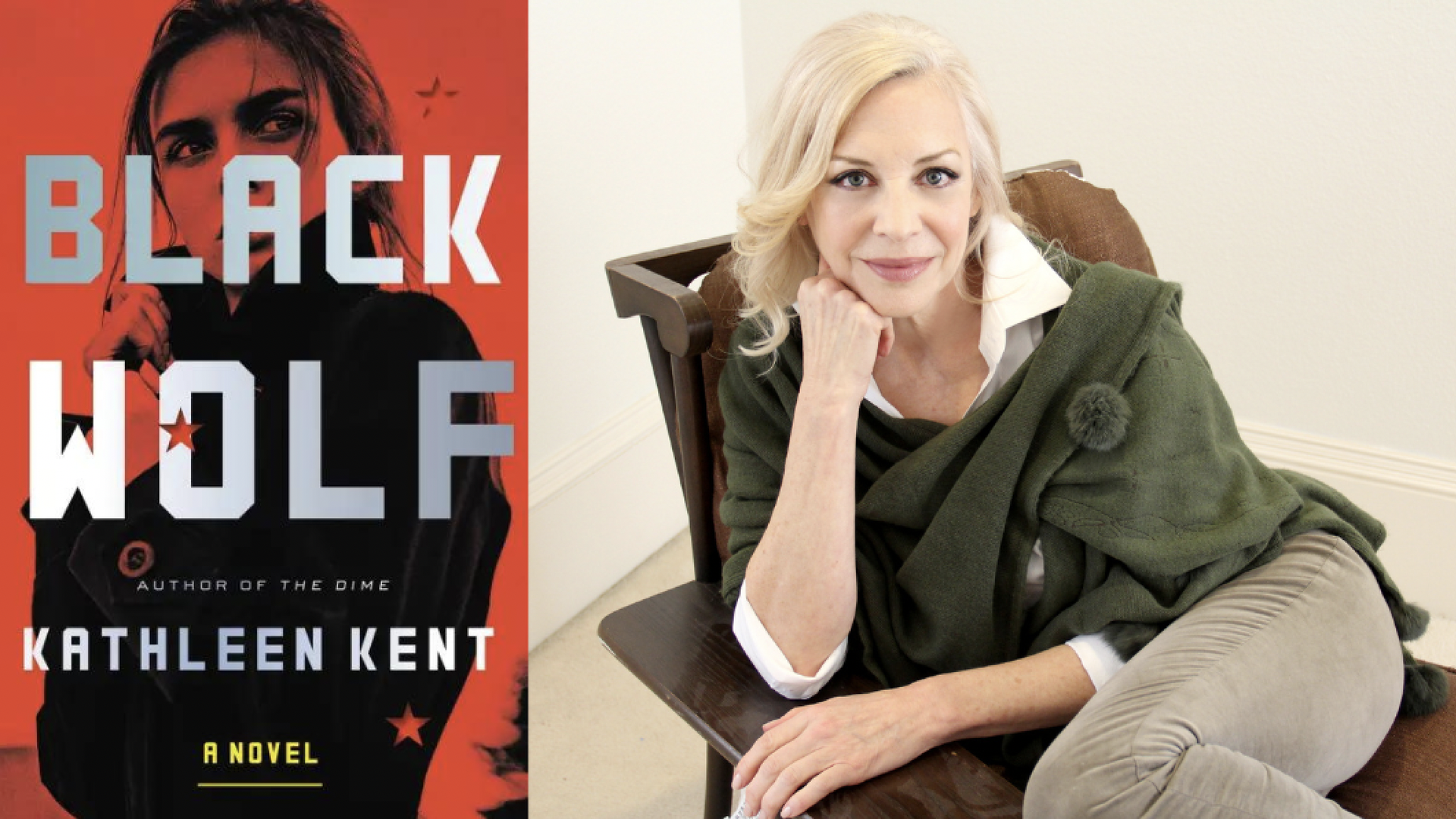 A book cover and an author posing in a chair