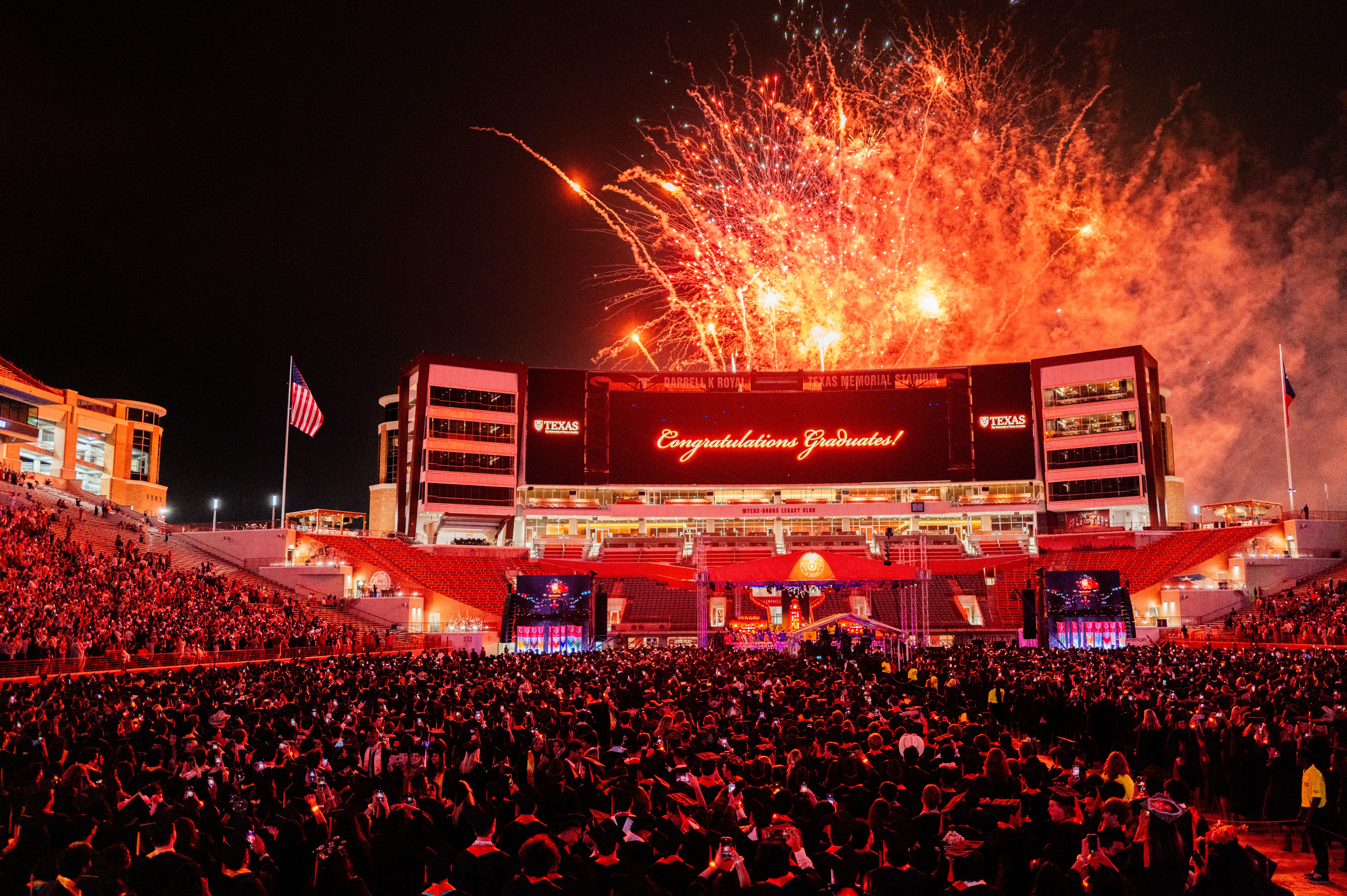 Fireworks are displayed during the end of commencement at the University of Texas in Austin on Saturday.