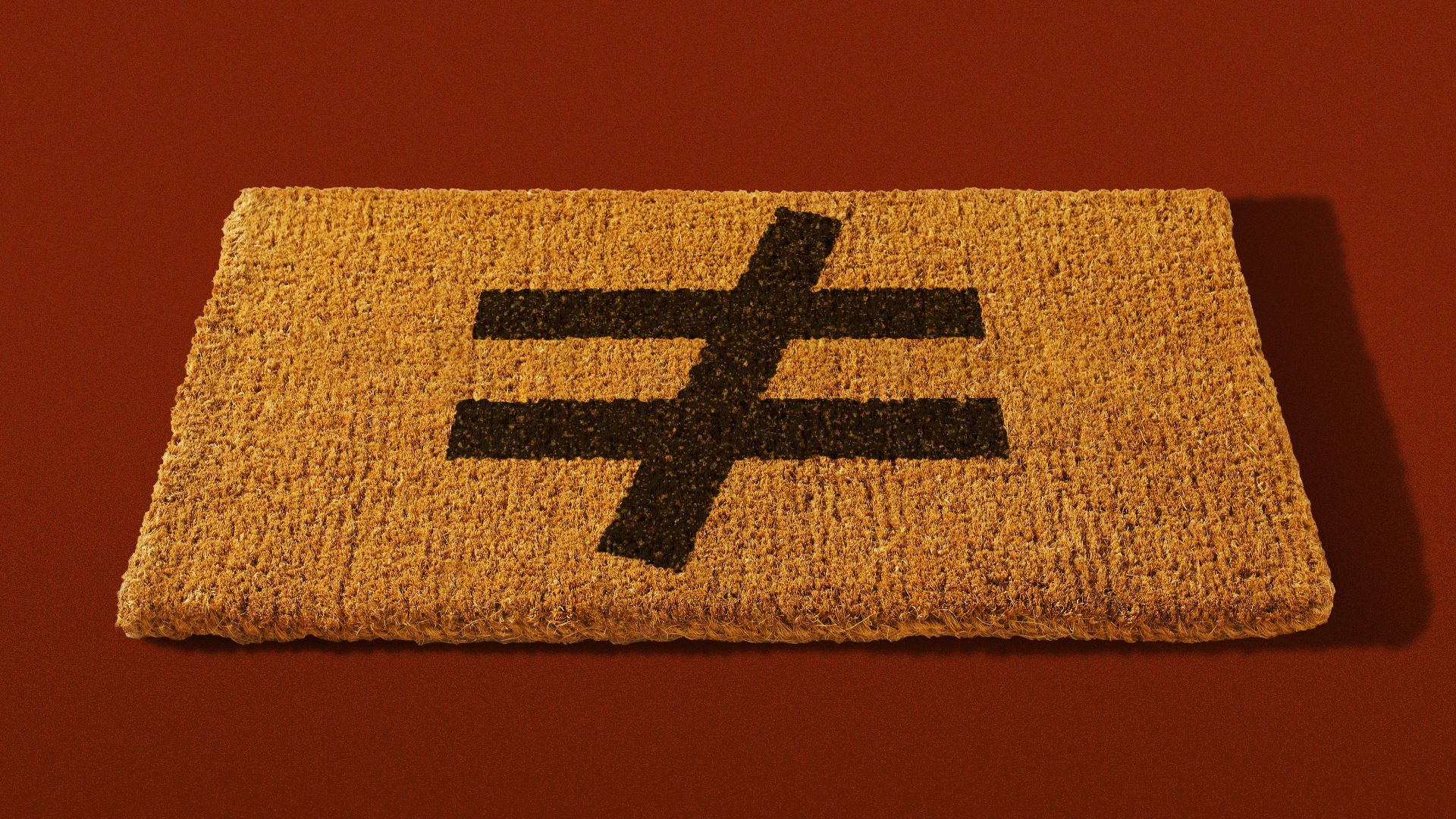 Illustration of a welcome mat with the inequality symbol on it.