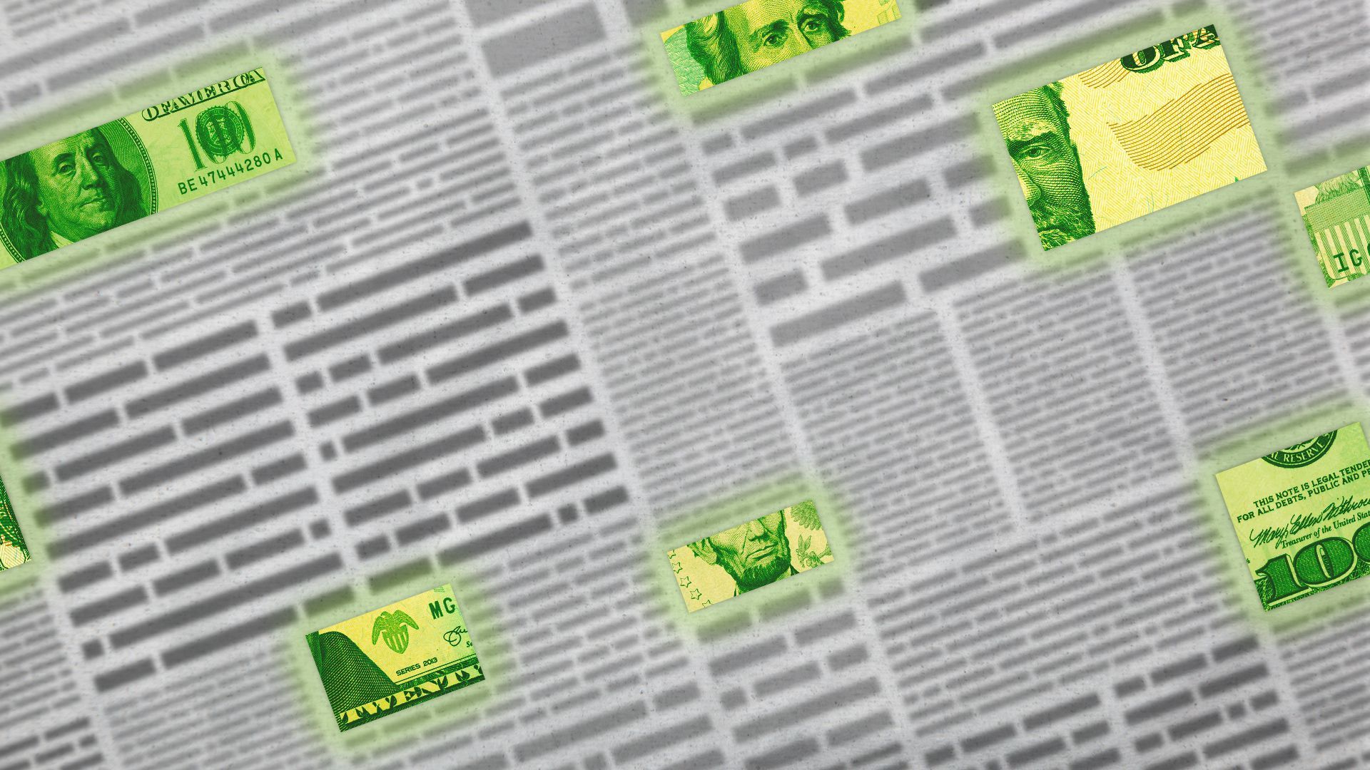 Illustration of a pattern of a newspaper classified page with money as the advertising images. 